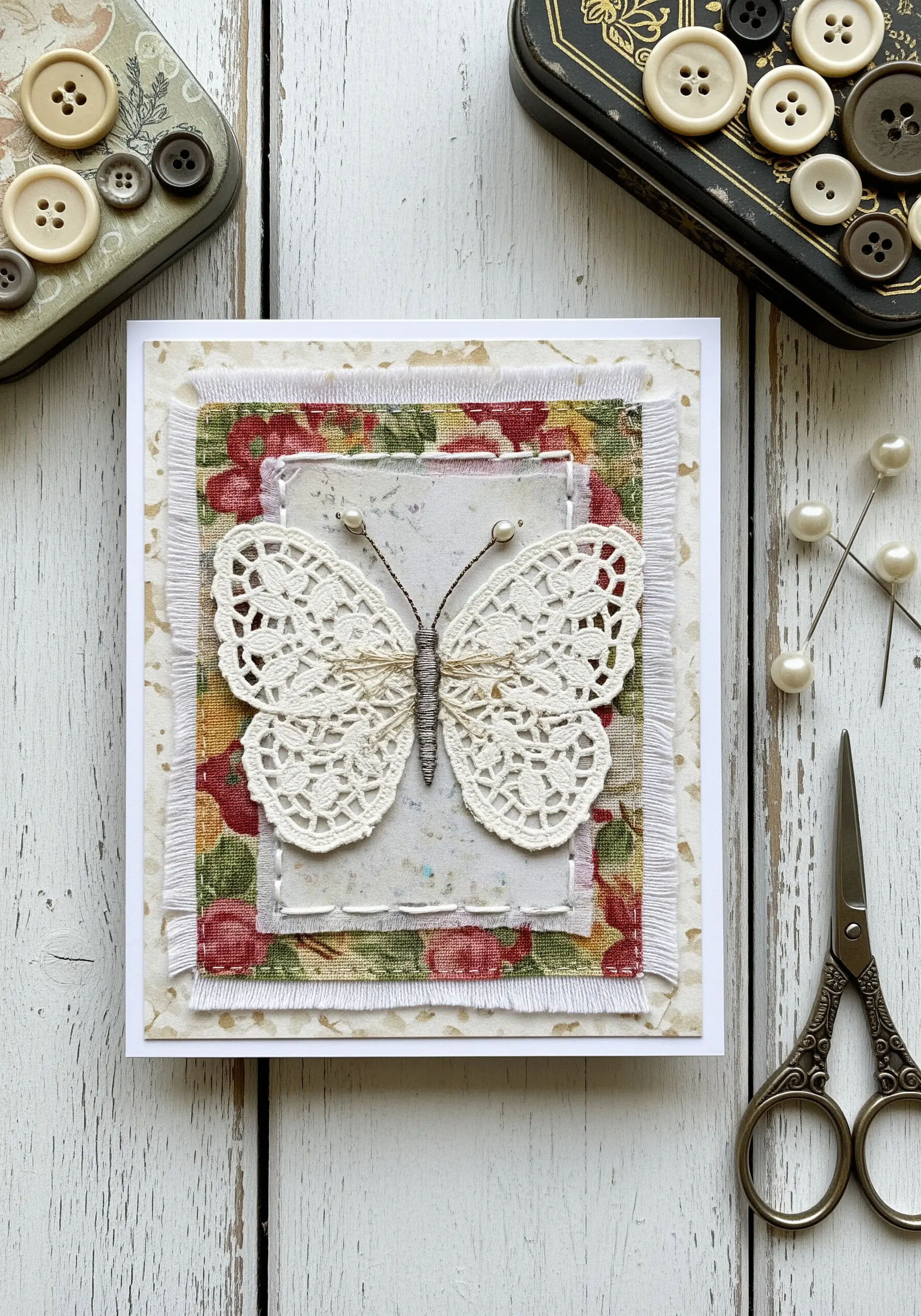 A butterfly made from a lace doily and twine, layered over vintage fabric and paper.