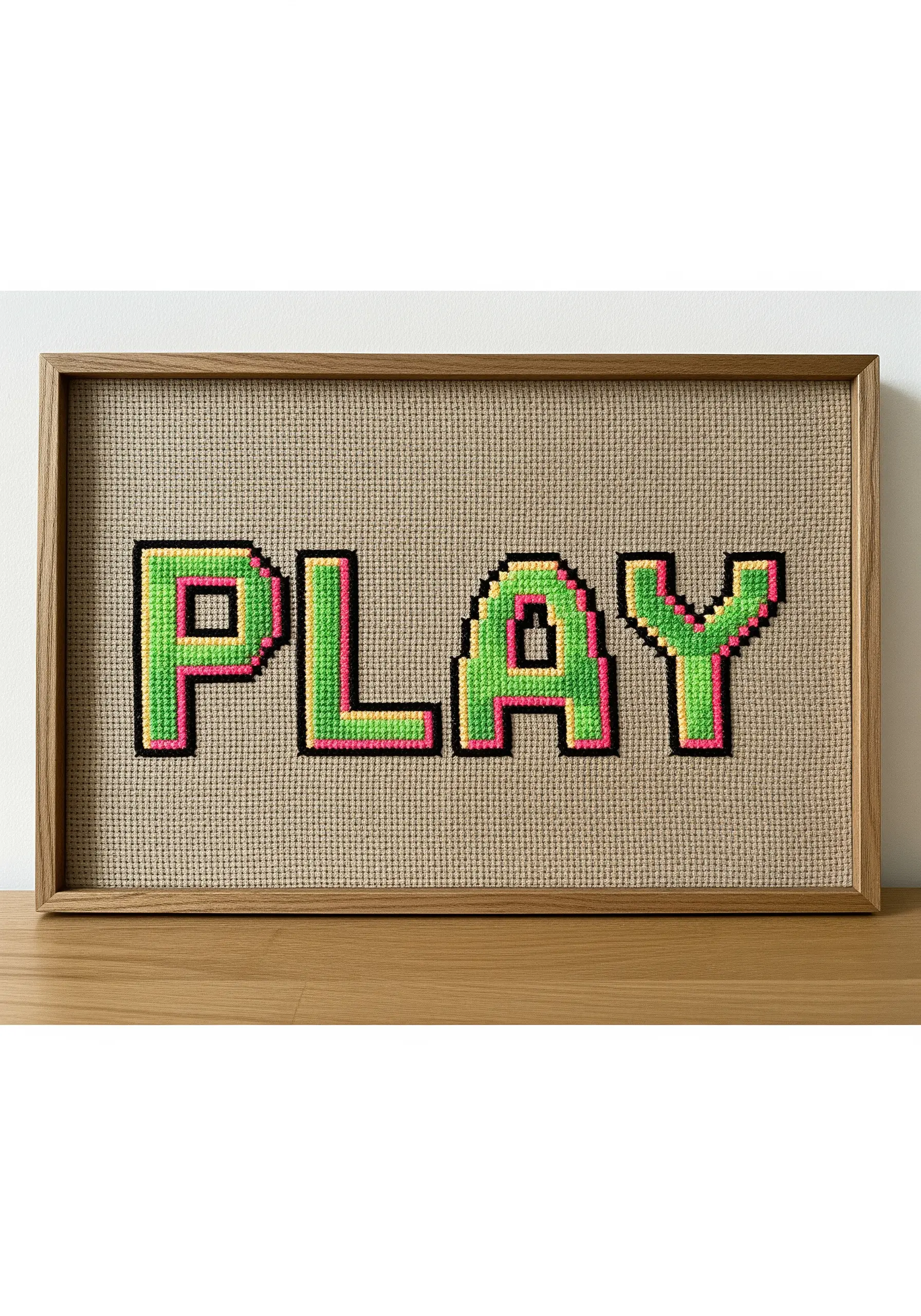 Pixelated, 8-bit style lettering spelling 'PLAY' in green and pink cross-stitch.
