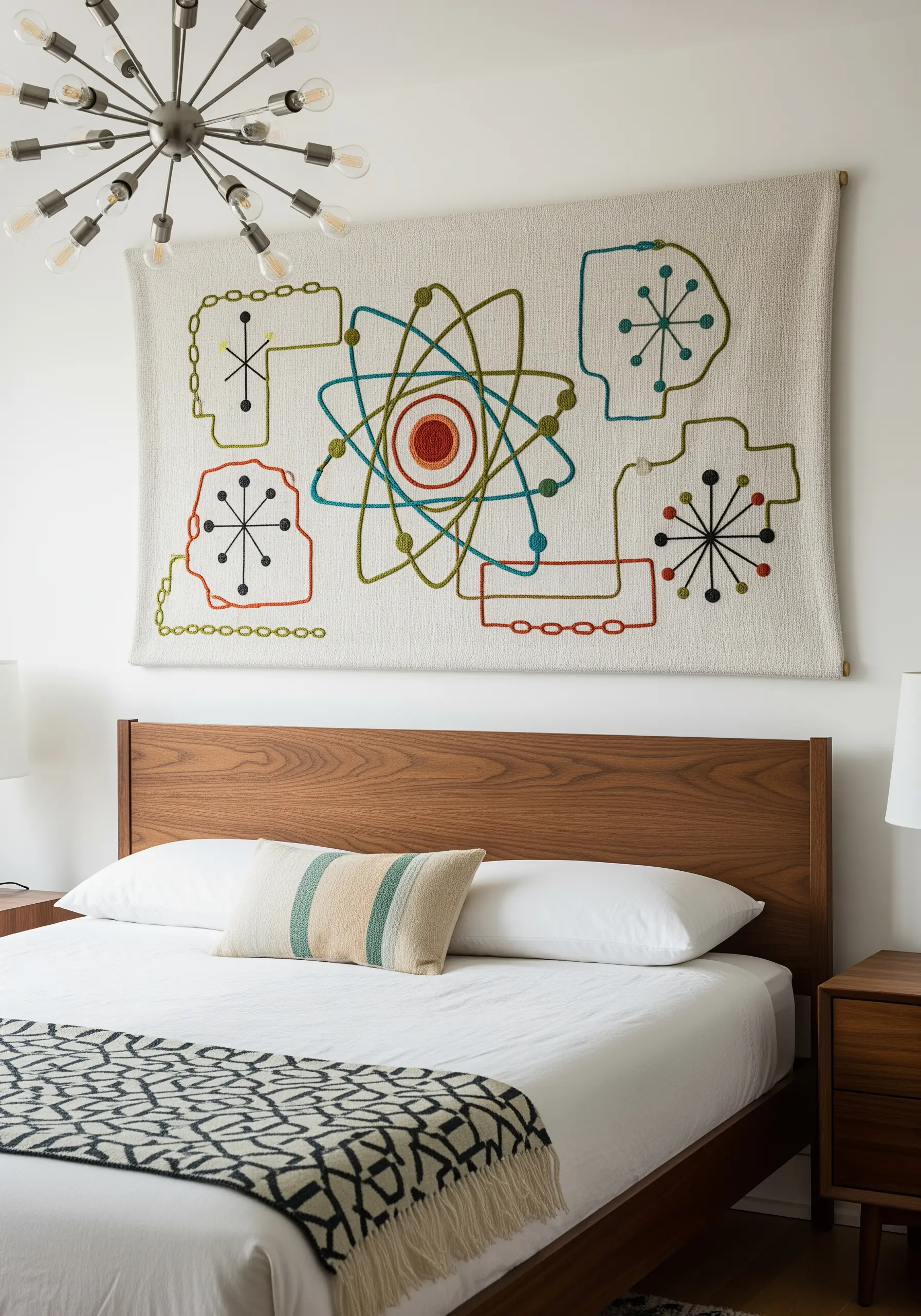 A mid-century modern embroidery tapestry with atomic symbols and abstract shapes.