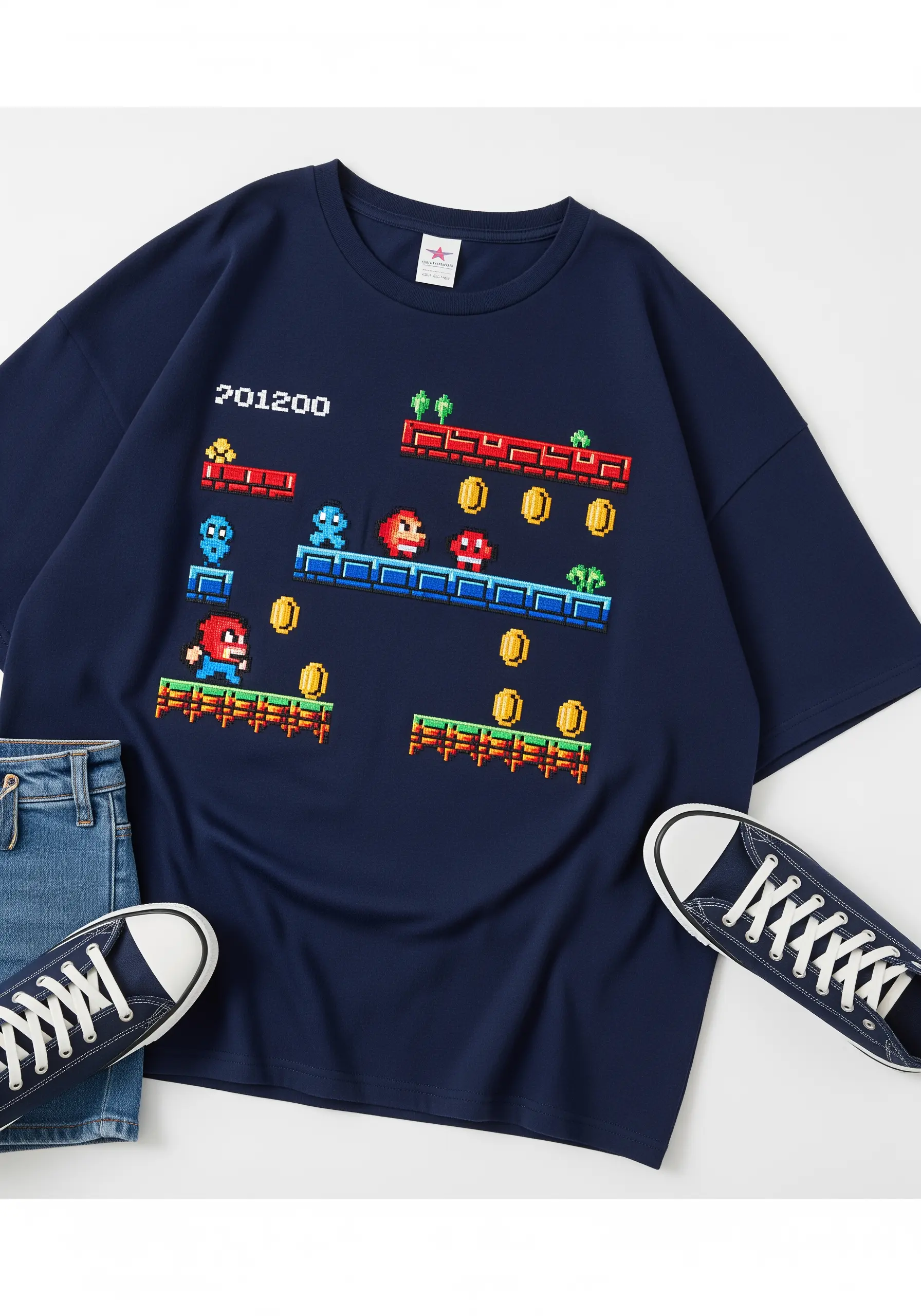 8-bit video game scene embroidered on a navy blue t-shirt, resembling pixel art.