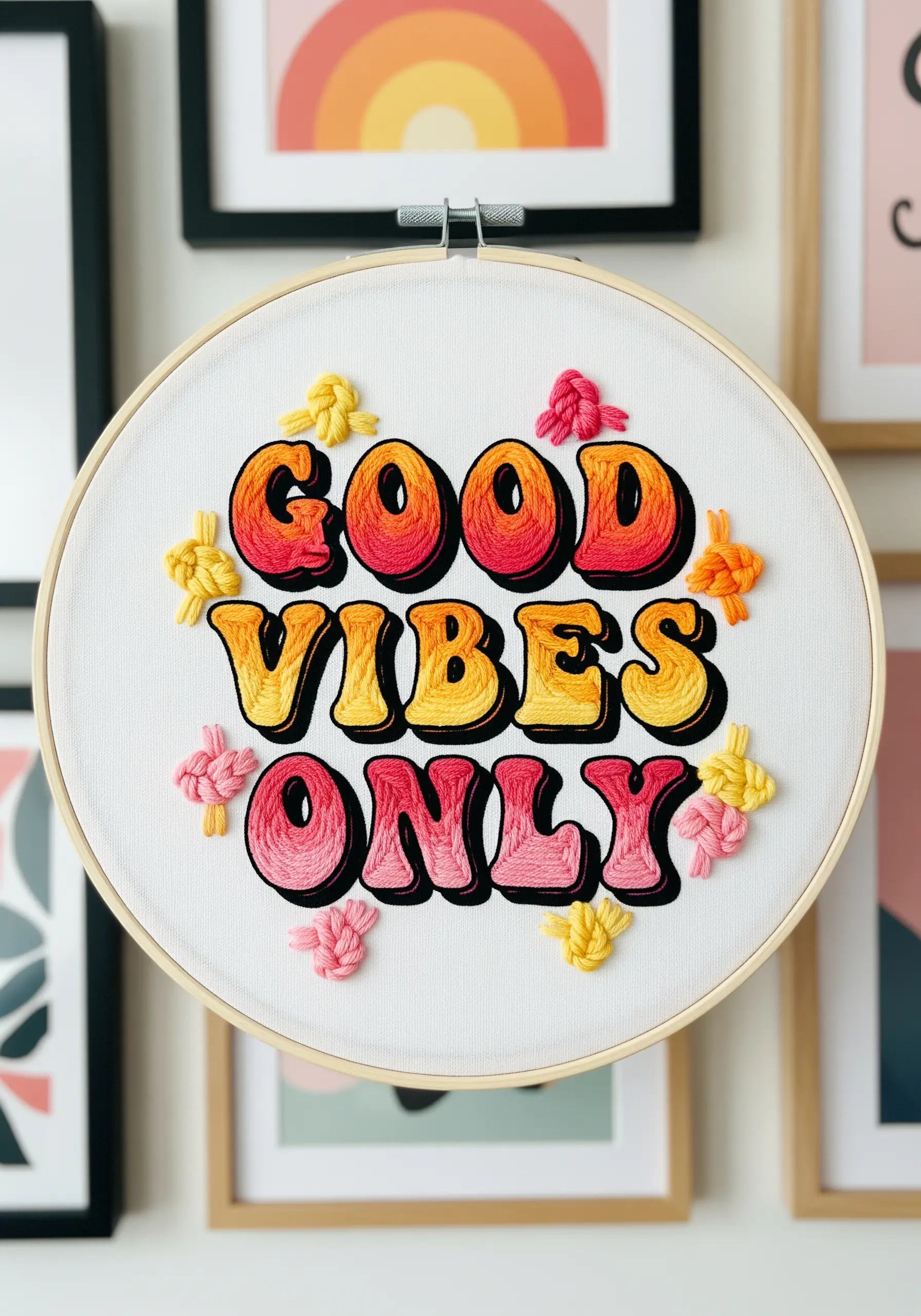 Retro bubble letters with an orange-to-yellow gradient fill and textured knots.