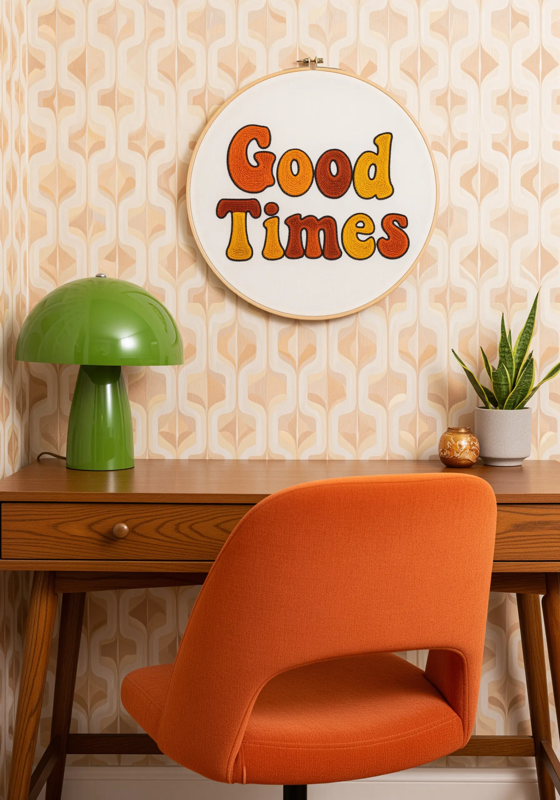 The phrase 'Good Times' embroidered in a 70s-style font with a retro color palette.