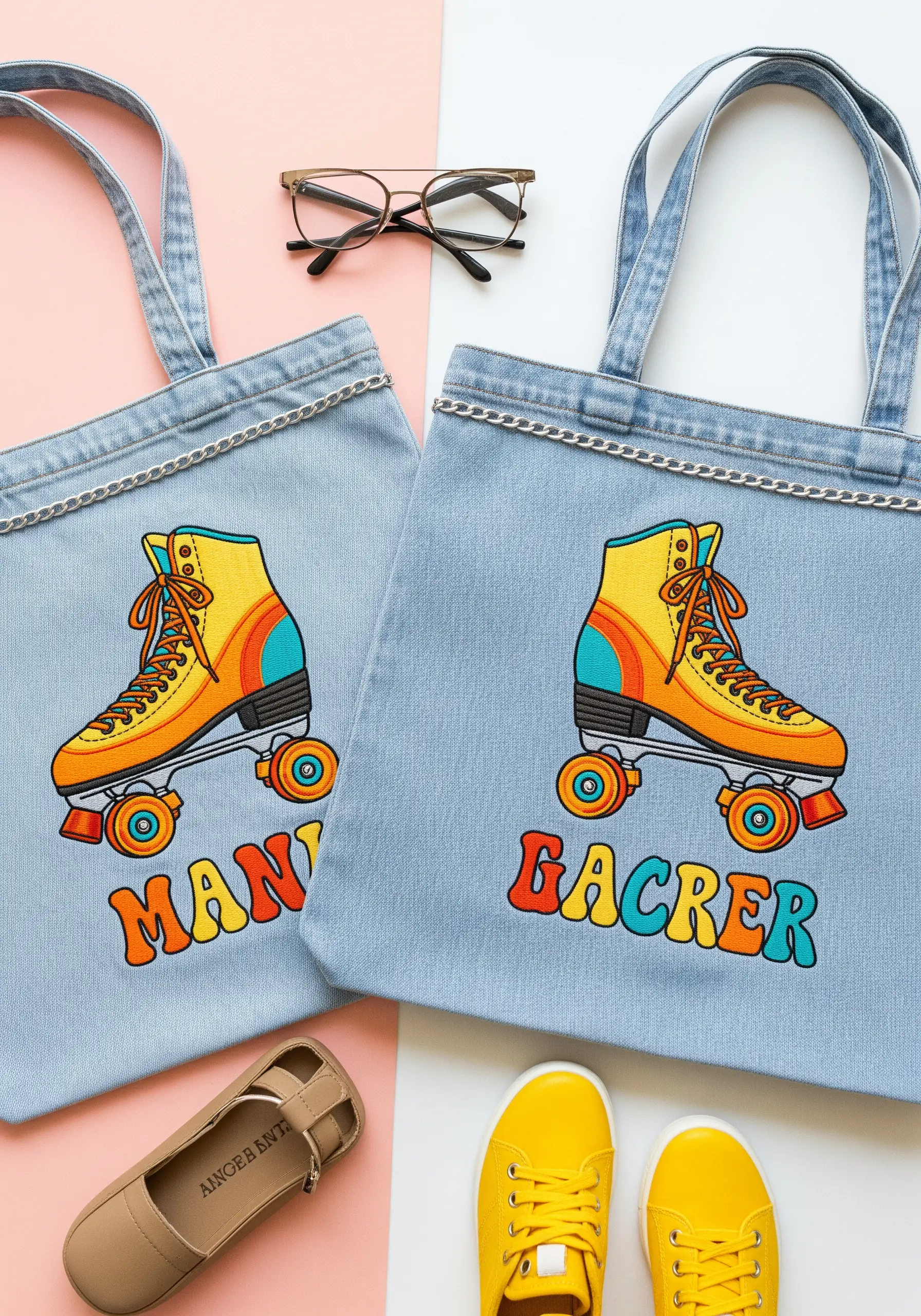 Denim tote bags with brightly colored, retro roller skate embroidery and personalized names.