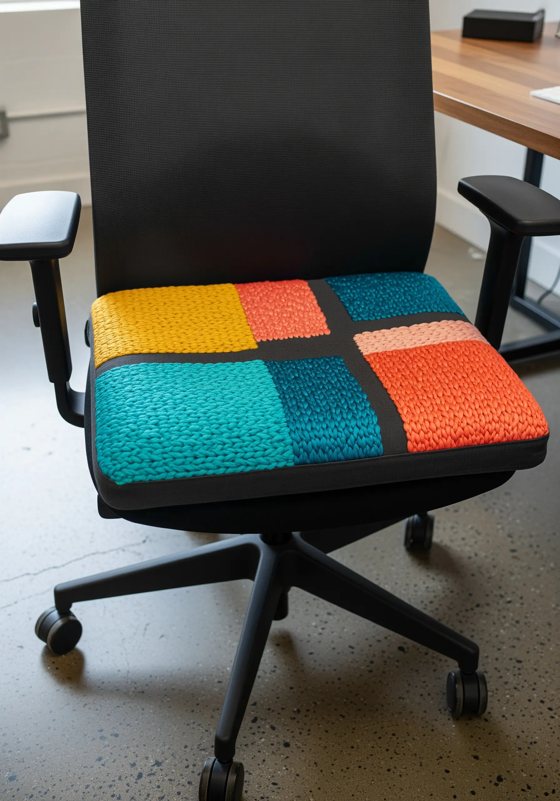 The seat of a black office chair covered in a colorful, heavily textured embroidered panel with woven-effect blocks.