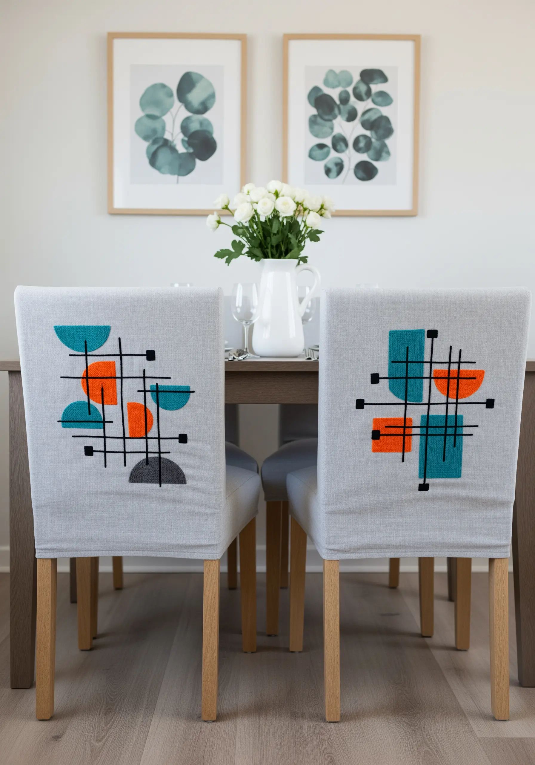 Dining chairs with embroidered mid-century modern geometric designs in teal and orange