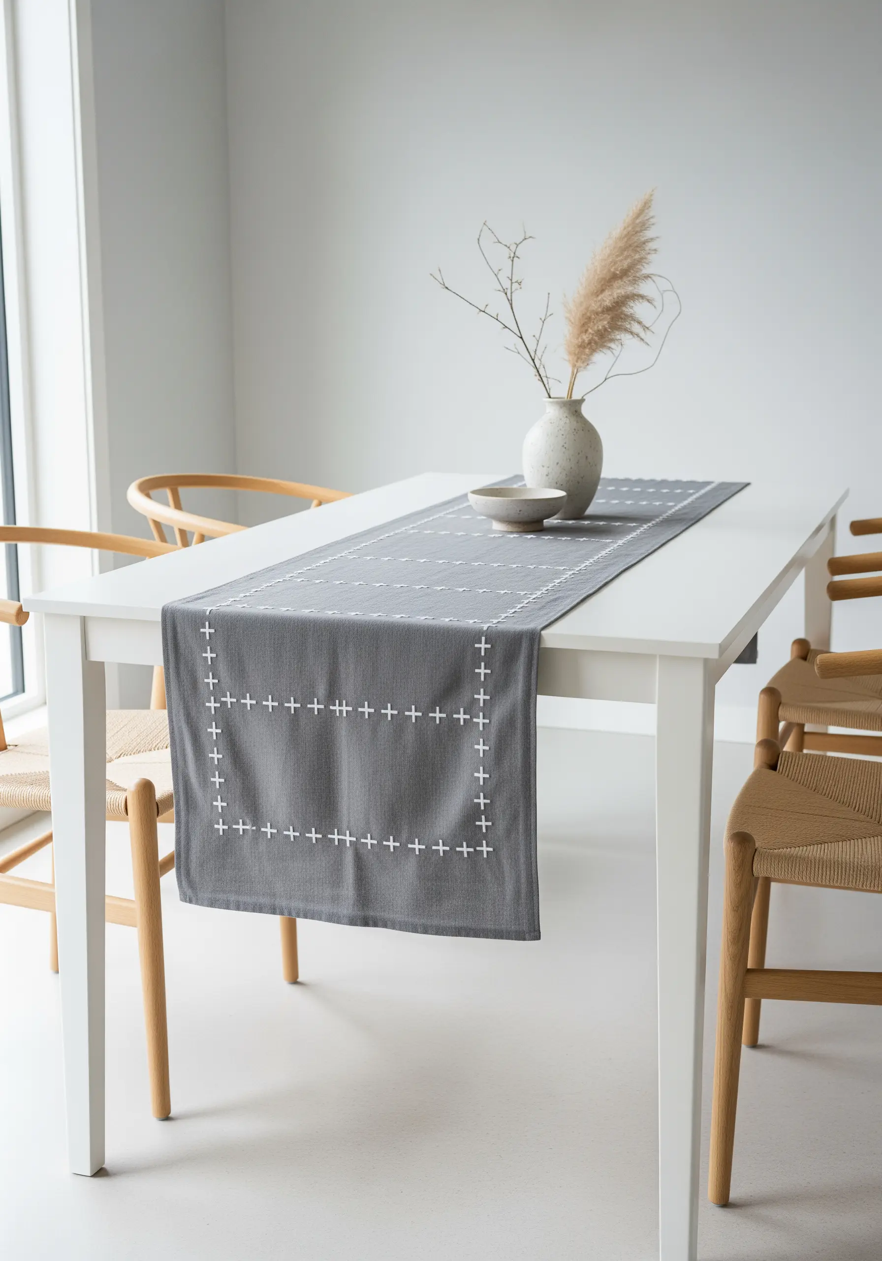 A border of white plus-sign stitches in a Sashiko style on a dark gray runner