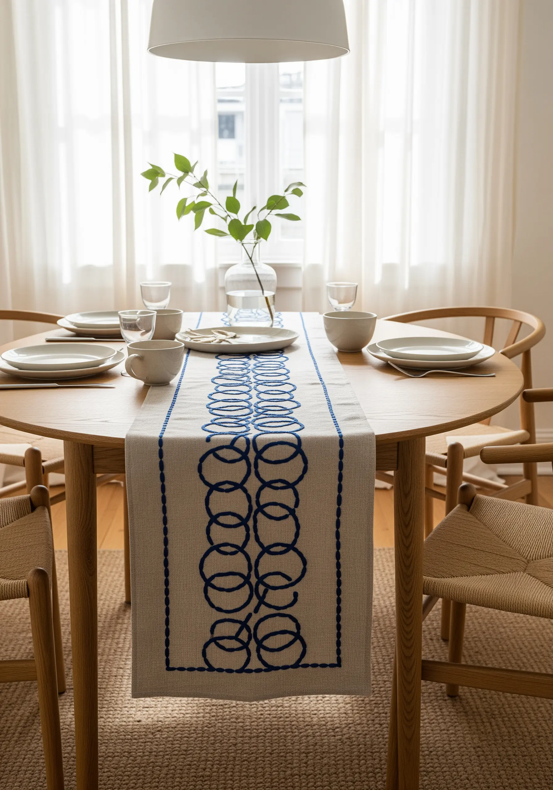 Linen table runner with a repeating blue chain stitch circular pattern.