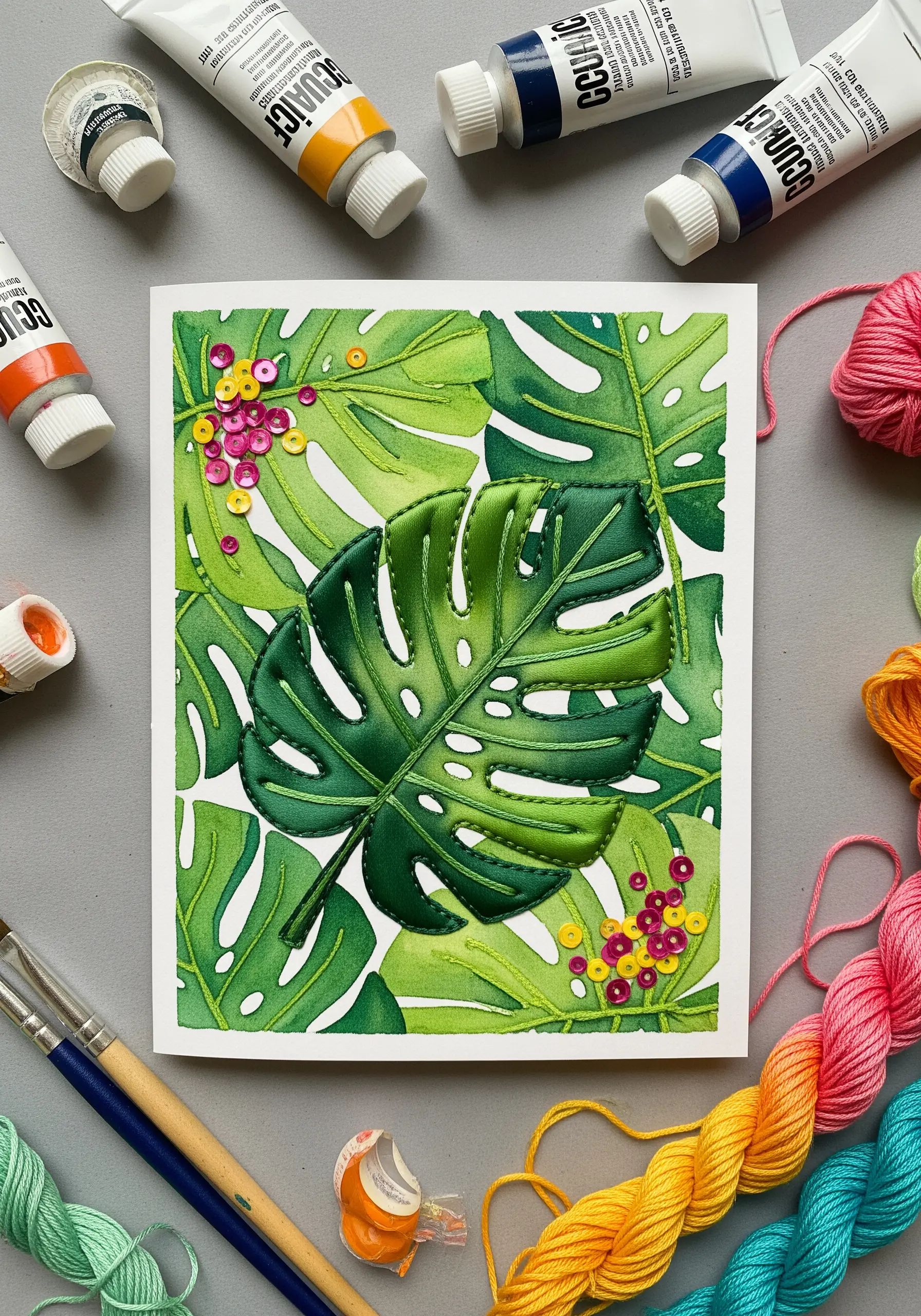 3D Monstera leaf created with green silk ribbon embroidery over a painted leaf background.