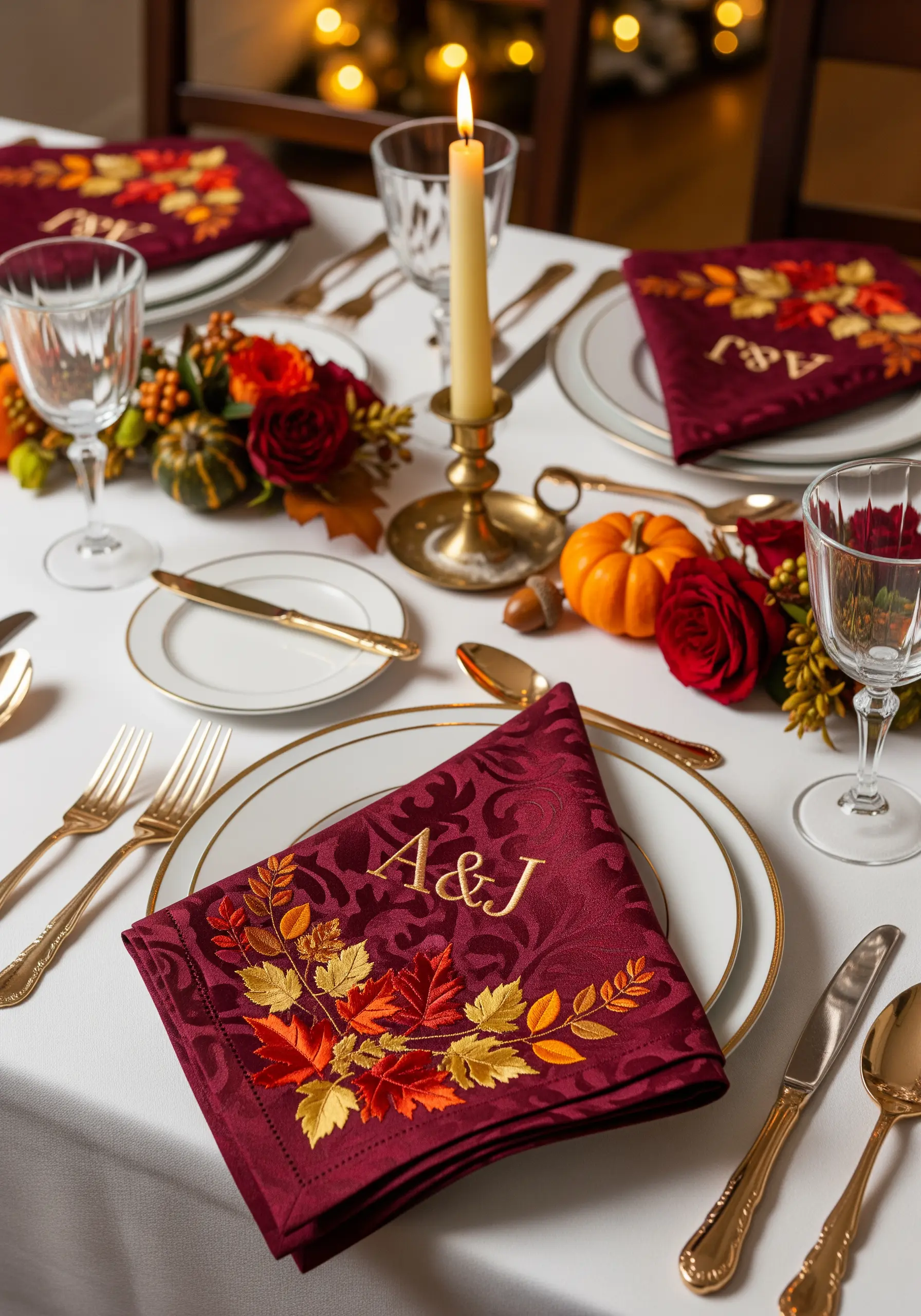 A burgundy napkin with a gold 'A&J' monogram surrounded by embroidered autumn leaves.