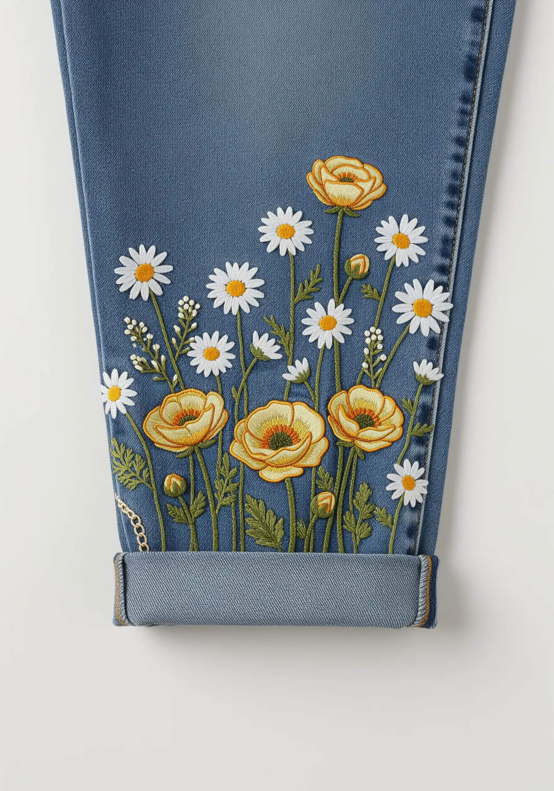 A dense wildflower scene with daisies and buttercups embroidered on the rolled cuff of jeans.