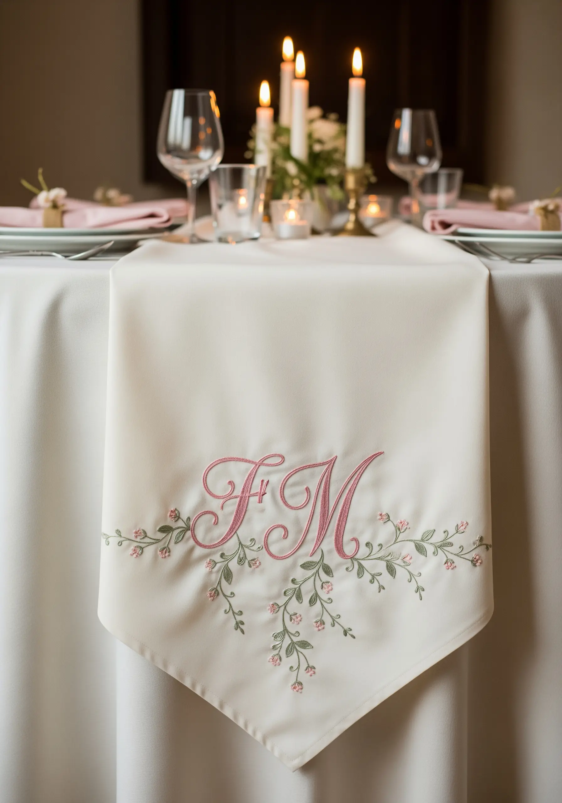 Intertwined pink initials 'FM' embroidered on a cream table runner with a delicate green vine.