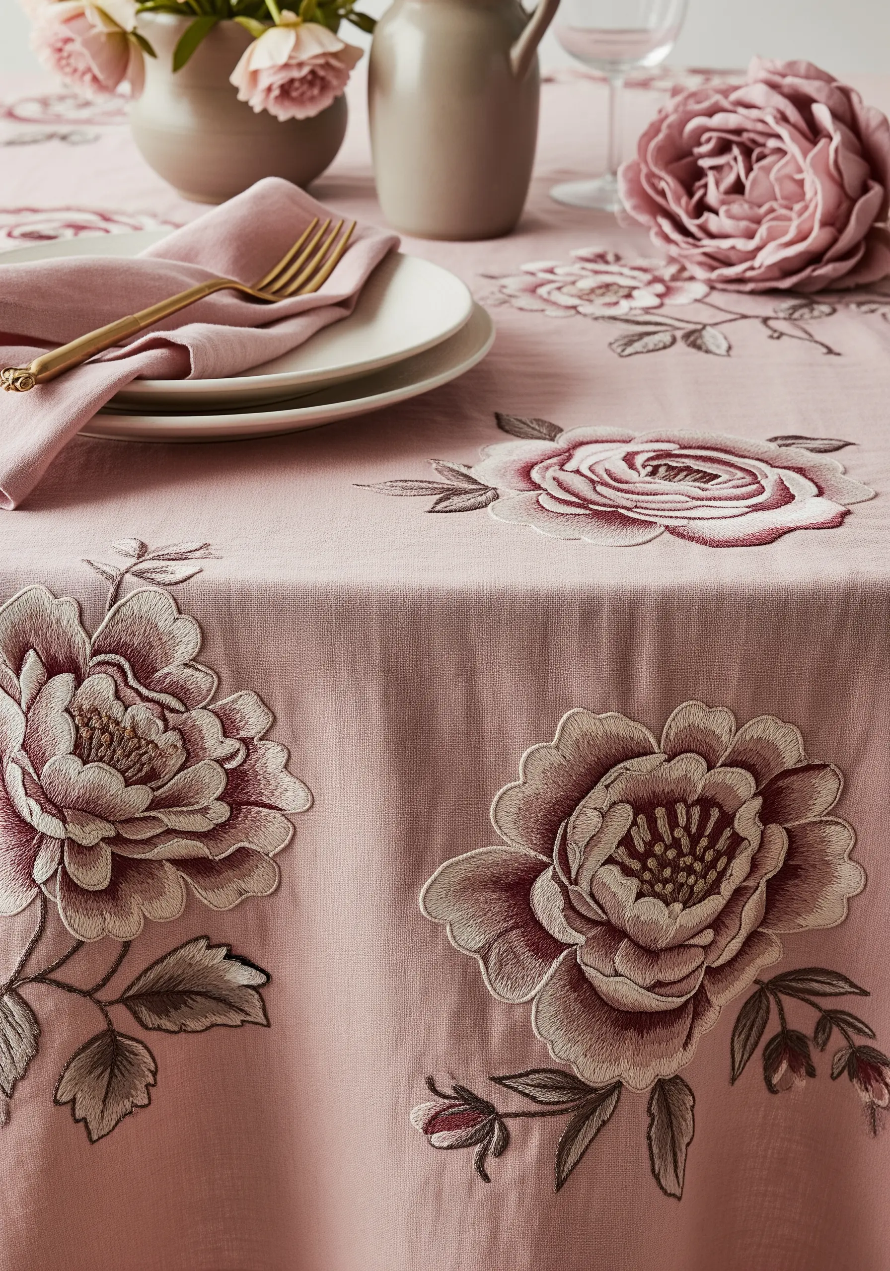 A dusty rose tablecloth adorned with large, embroidered peonies and roses in muted tones.