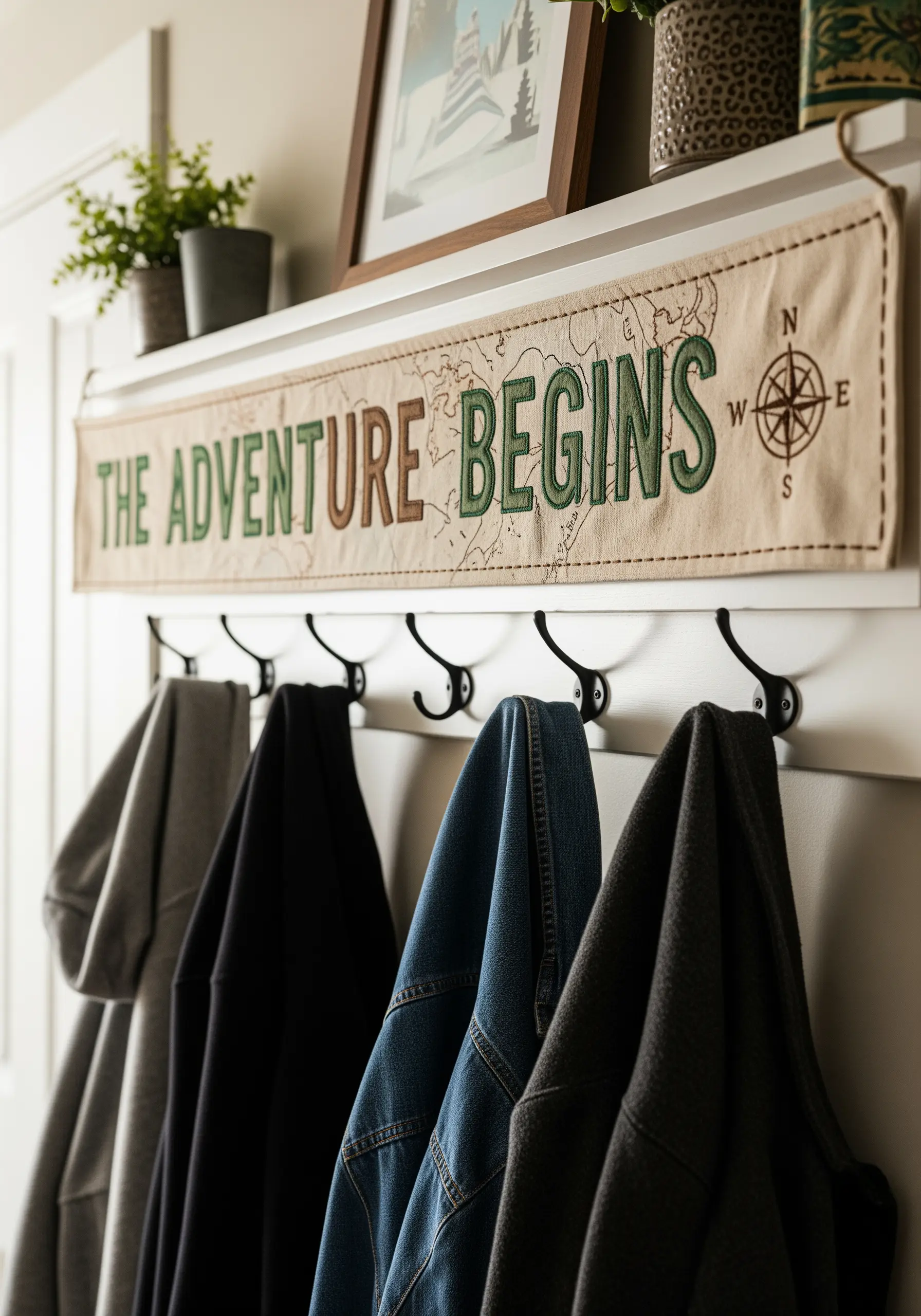 Long embroidered banner with 'THE ADVENTURE BEGINS' in rustic lettering and a compass rose.