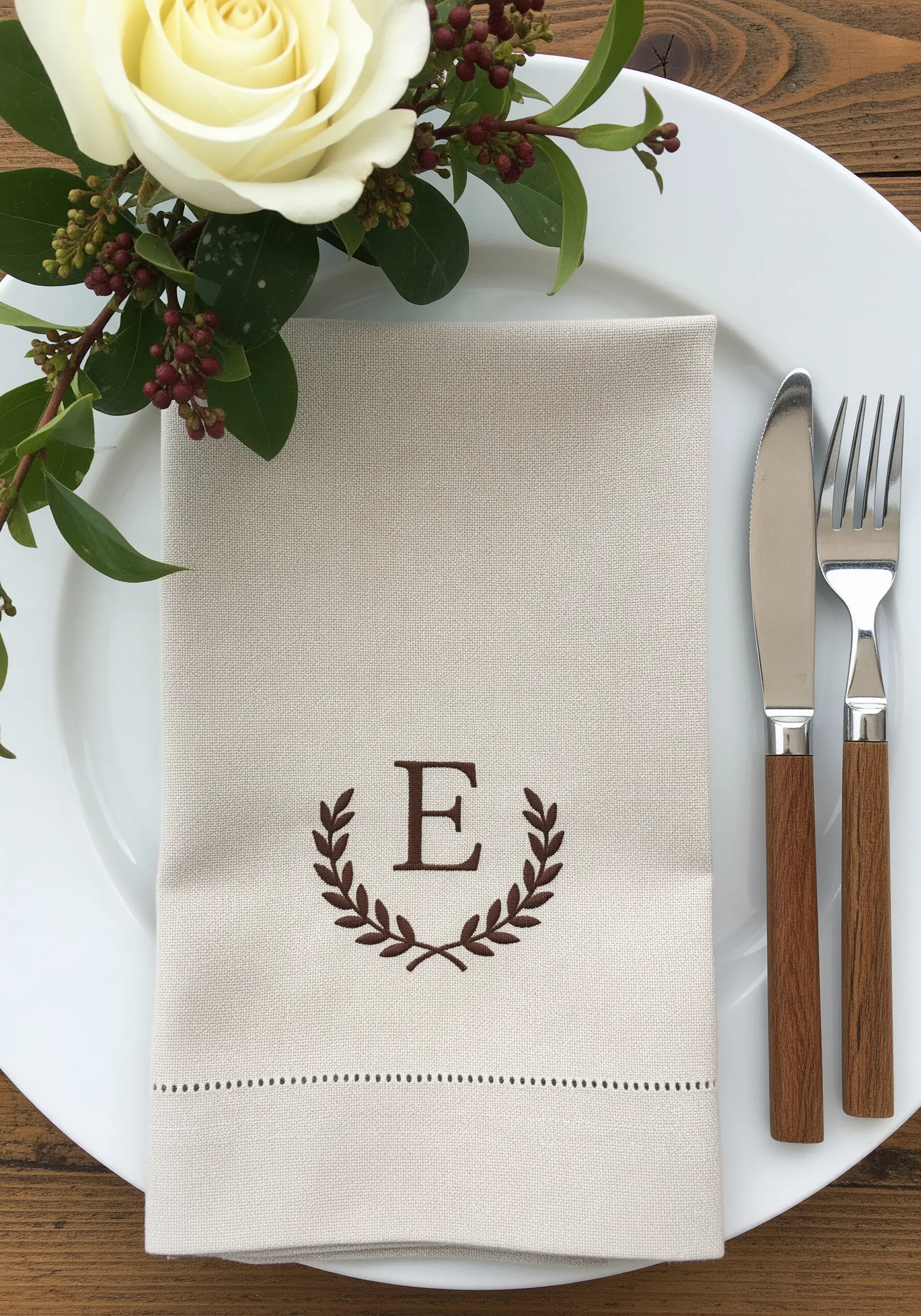 A simple brown monogram 'E' framed by two laurel branches on a natural linen napkin.