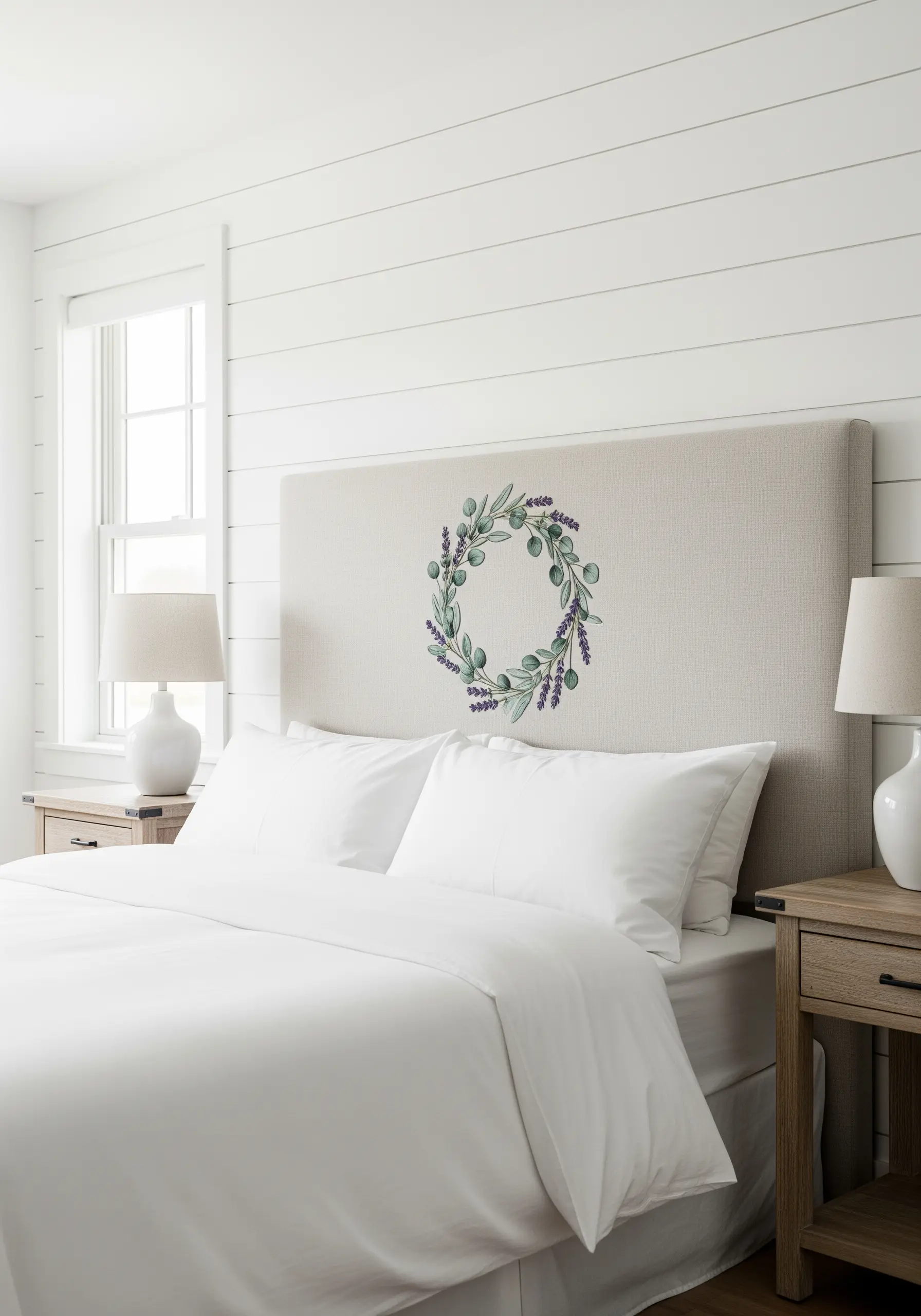 A simple embroidered wreath of olive branches and lavender on a neutral linen headboard.