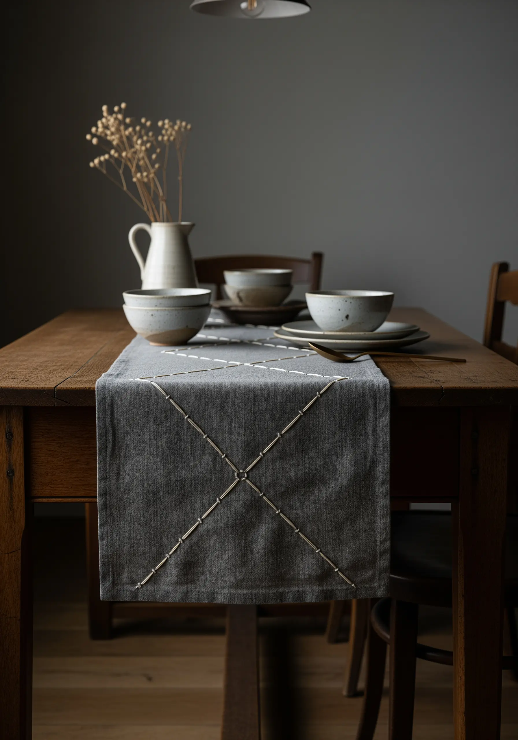 A large 'X' motif made with thick cord and couching stitches on a gray runner