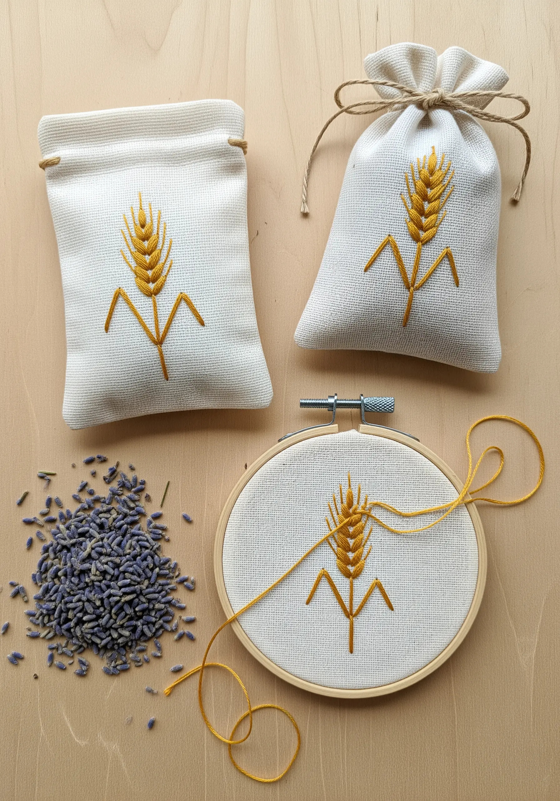 Embroidered wheat sheaves in golden thread on small linen drawstring bags for lavender.