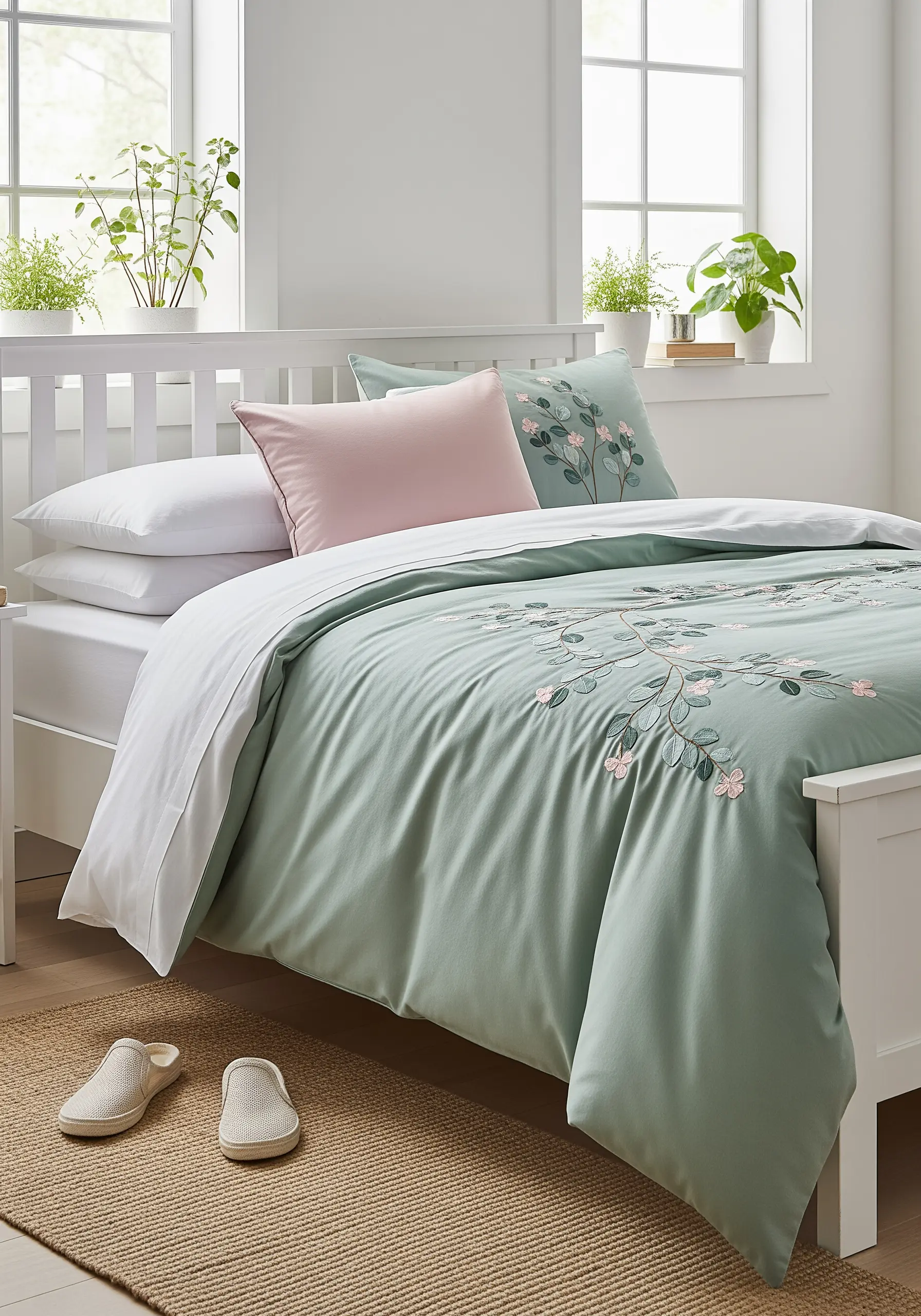 Bedding with delicate floral embroidery in sage green and blush pink on a mint background