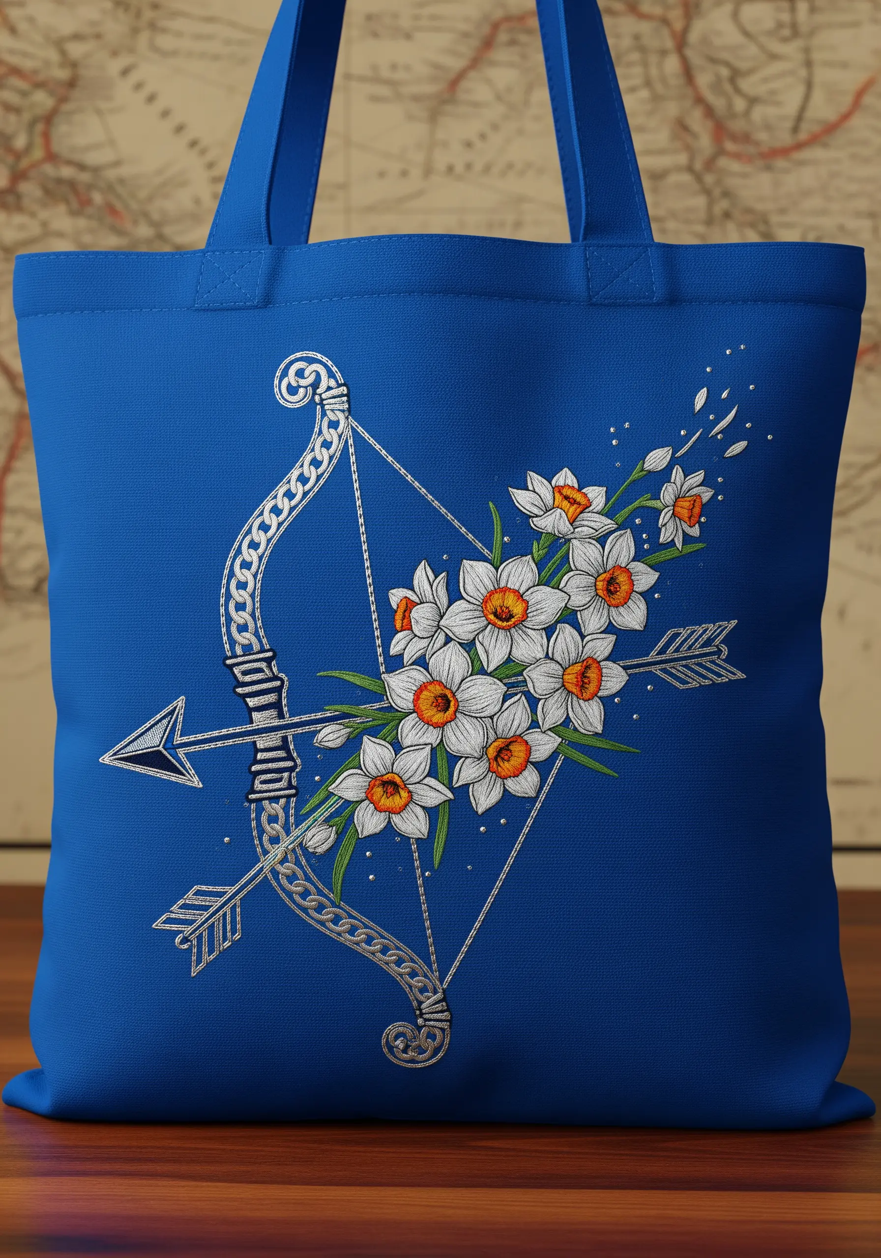 A silver embroidered Sagittarius bow and arrow intertwined with white narcissus flowers on a blue tote.