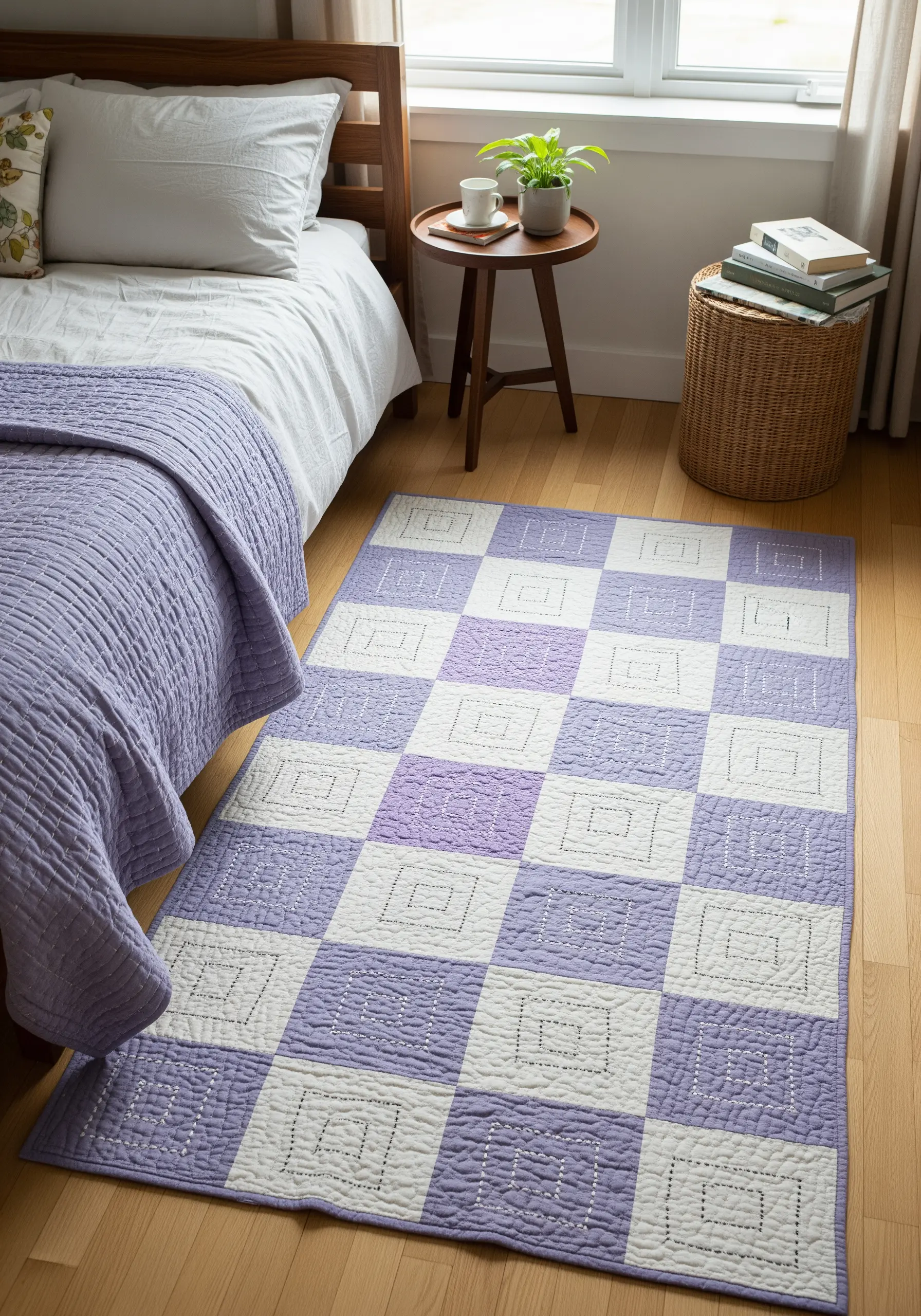 A lavender and white checkered rug with geometric sashiko-style stitching on the floor of a bedroom.