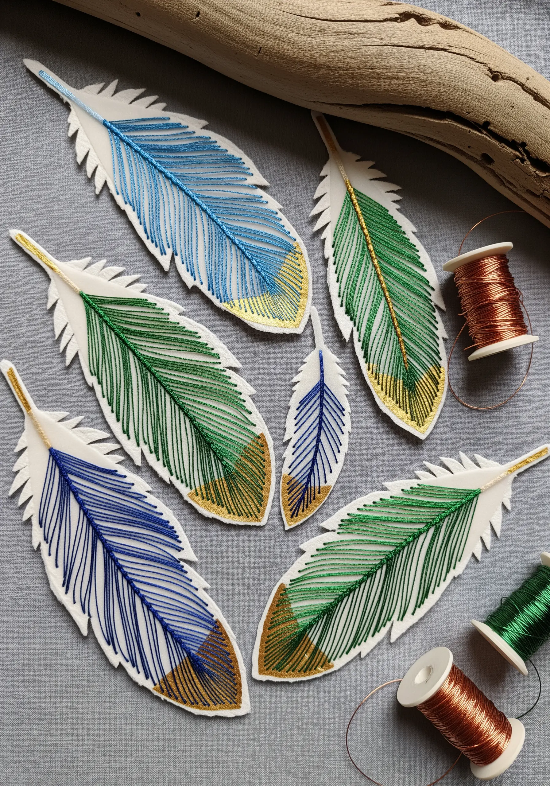 Hand-embroidered paper feathers with satin stitch and metallic gold thread tips.