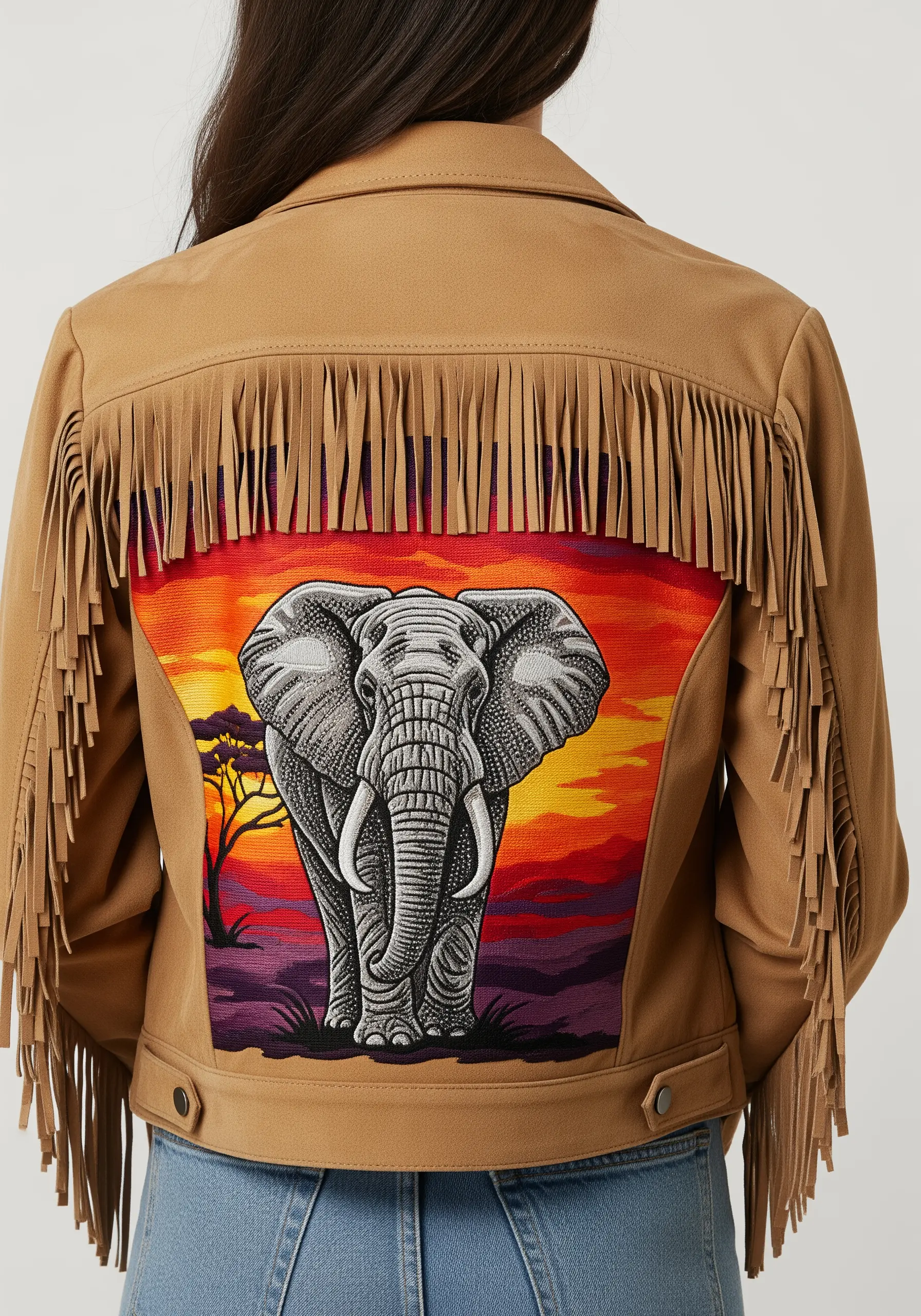 Detailed elephant embroidery against a vibrant sunset background on a fringed jacket.