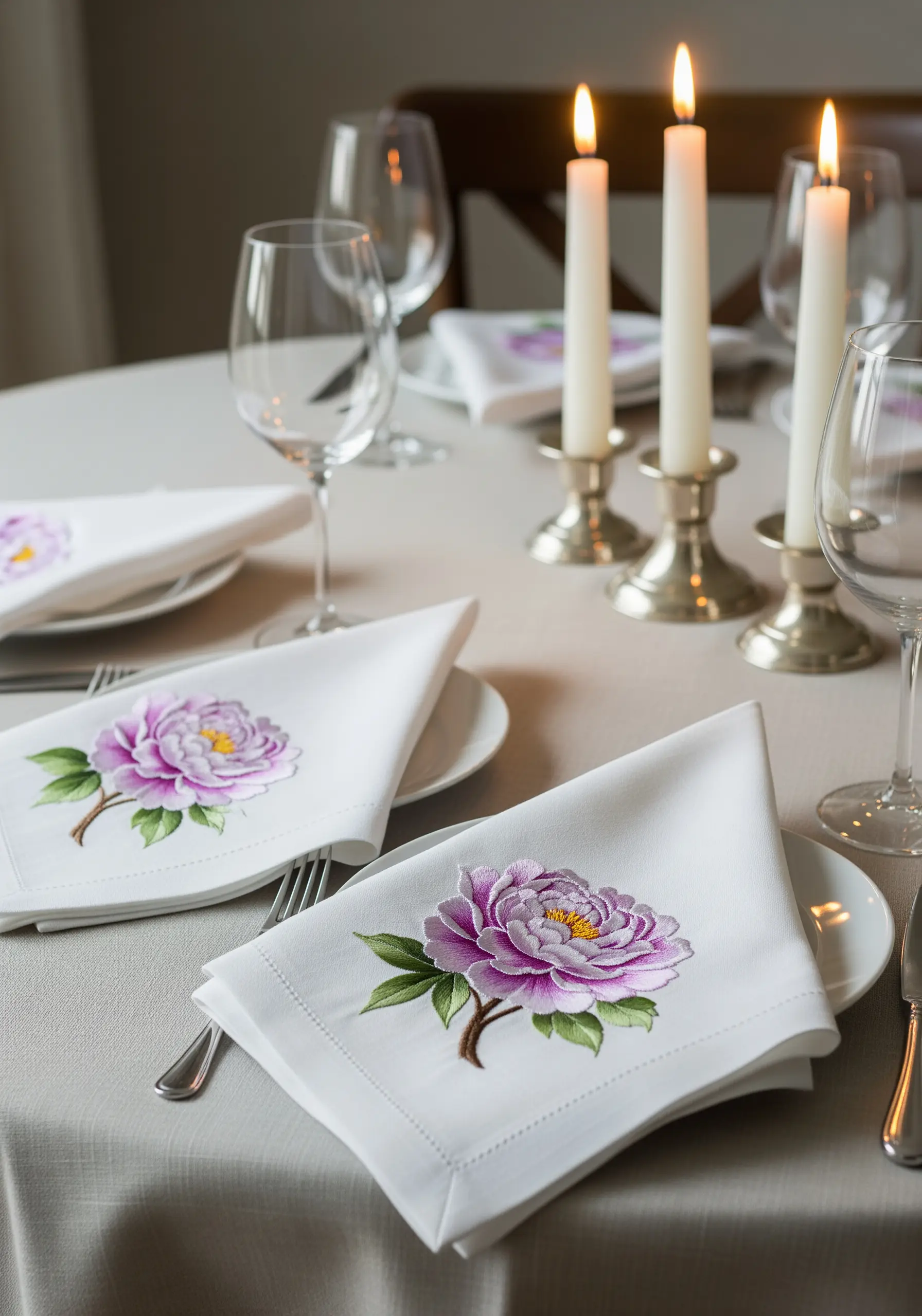 A small purple peony motif embroidered on the corner of a folded white dinner napkin.