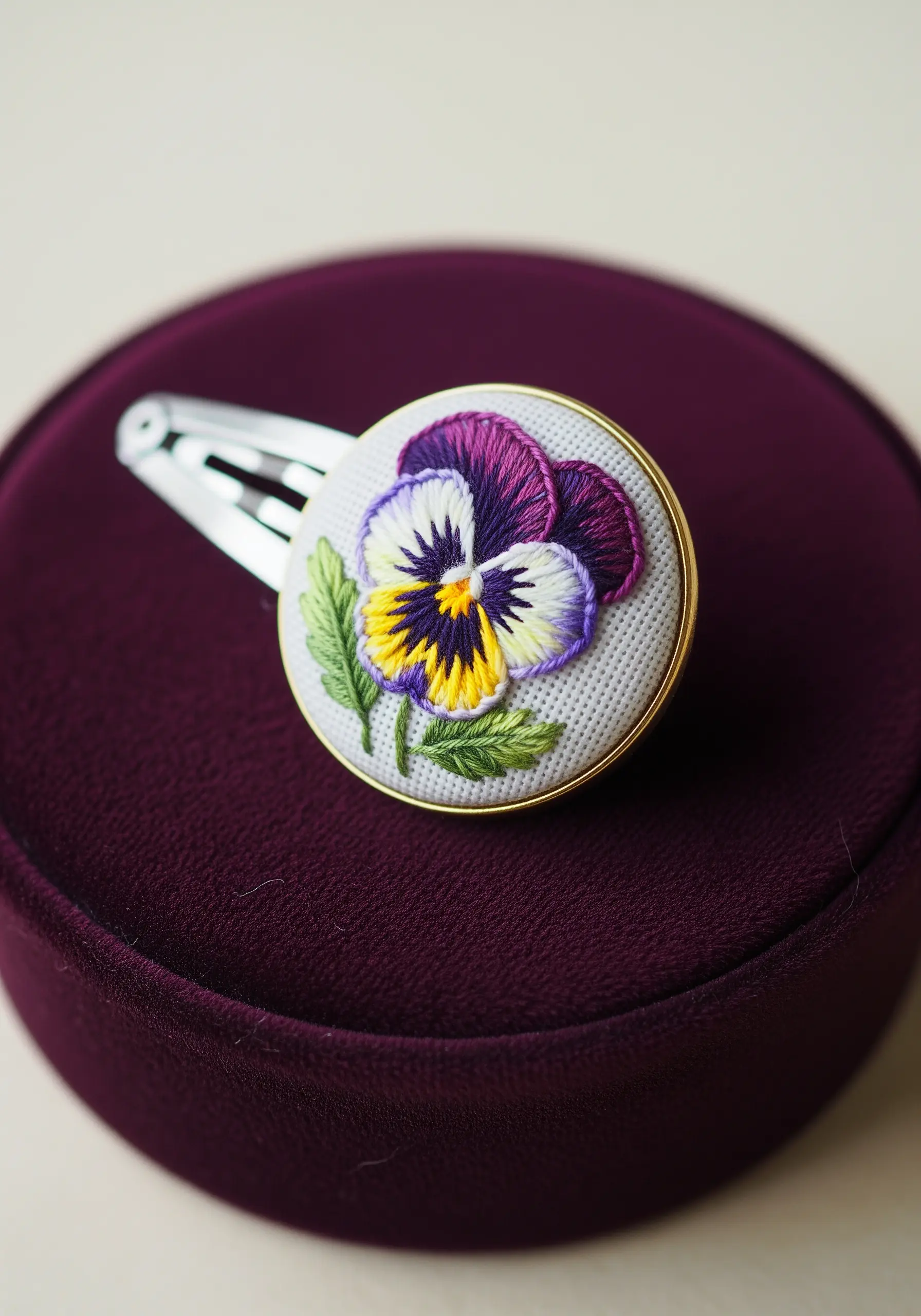 A miniature pansy with detailed thread painting on a fabric-covered hair clip.