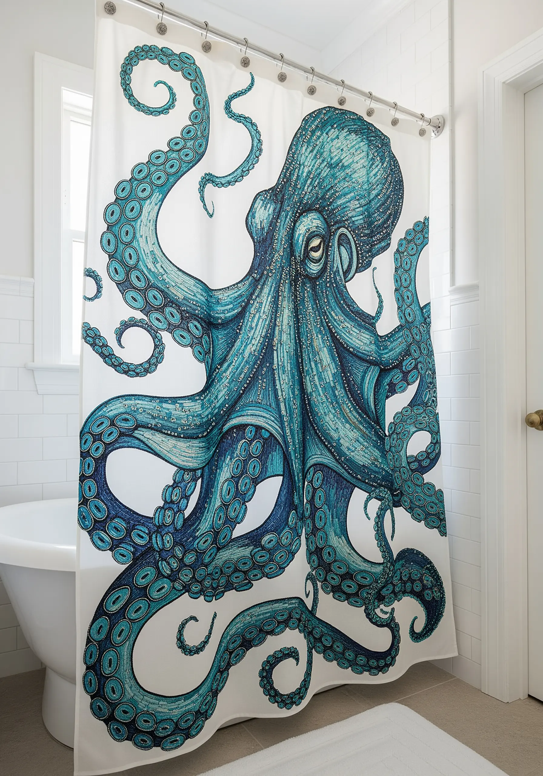 A white shower curtain featuring a large, detailed print of a blue-green octopus.