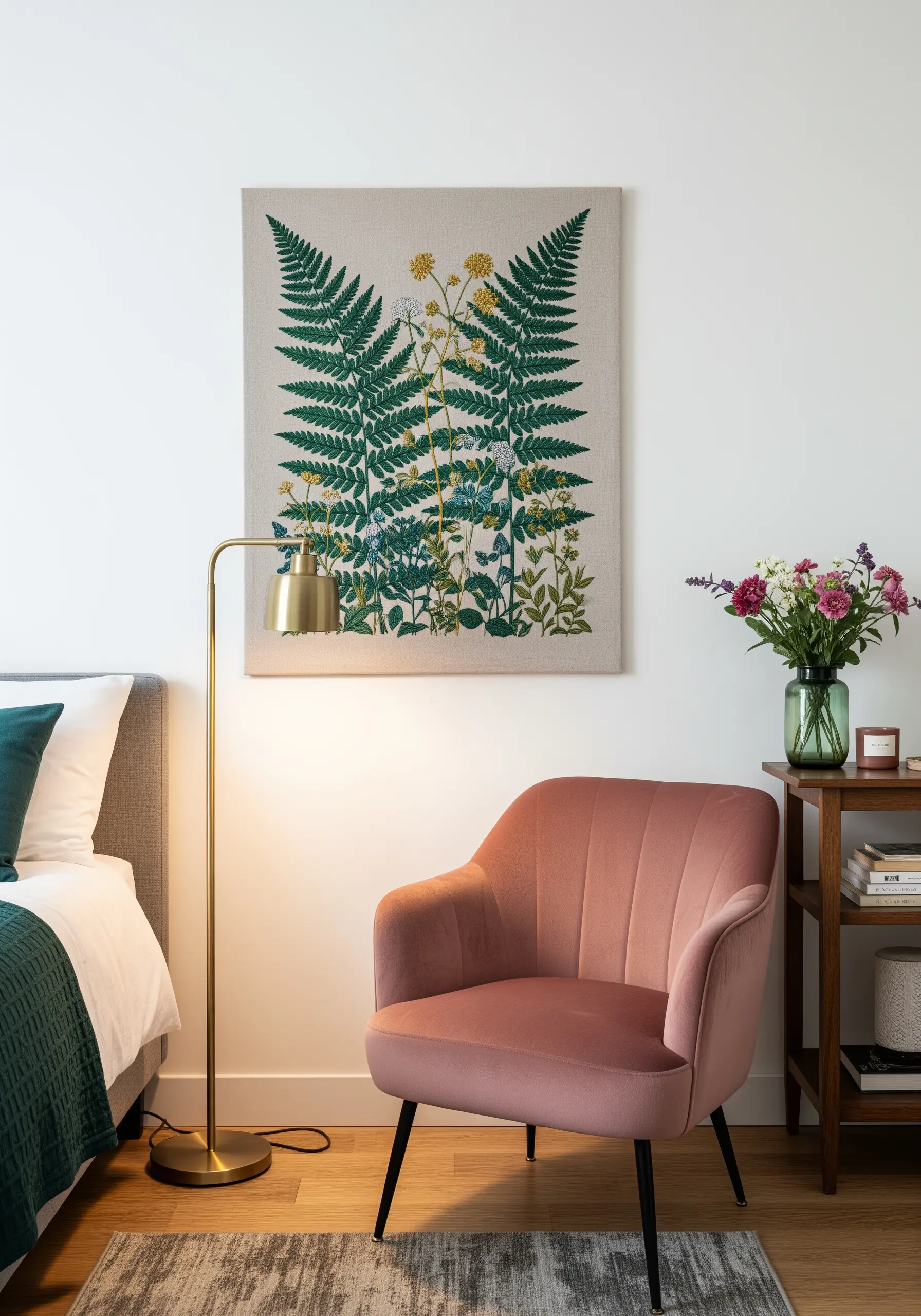 Large embroidered wall tapestry of ferns and wildflowers hanging above a pink chair.
