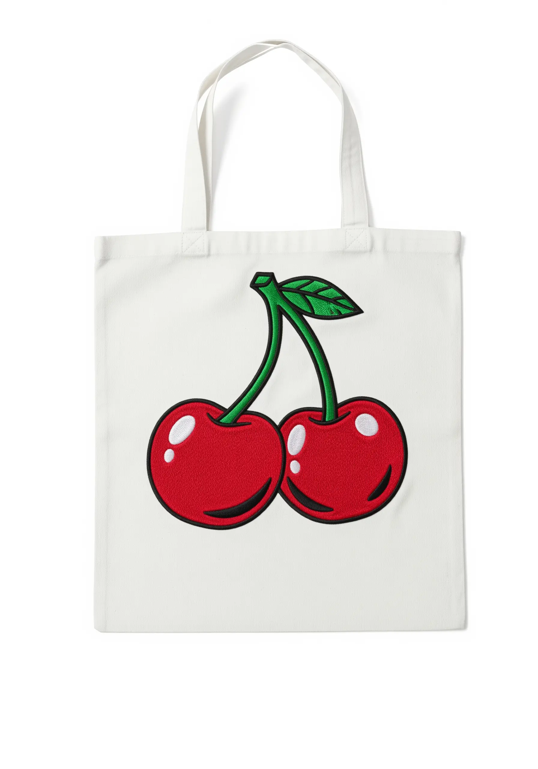A large, bold cherry motif embroidered on a white canvas tote bag.