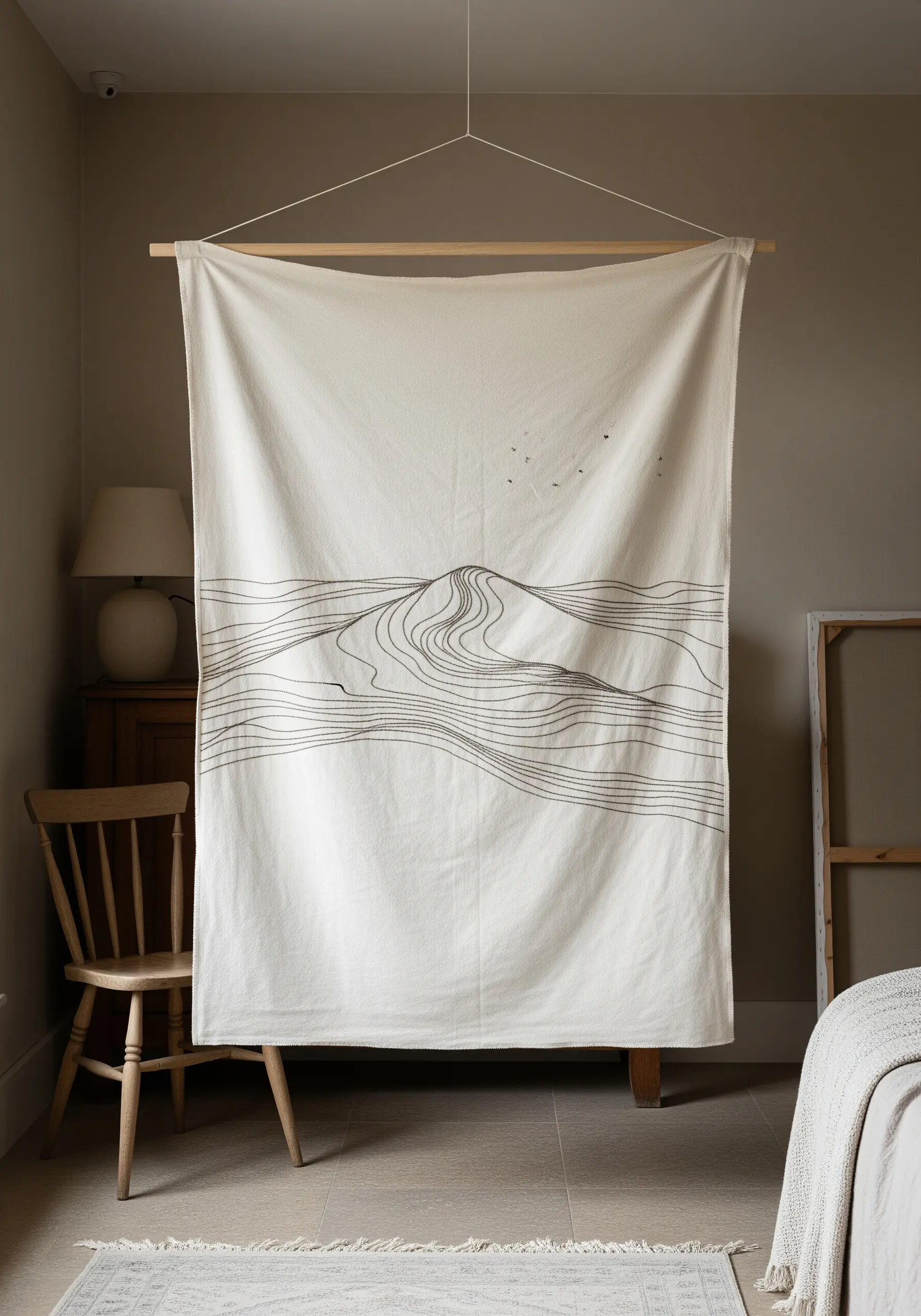 Large, minimal line art embroidery of coastal dunes on a cream-colored fabric wall hanging.