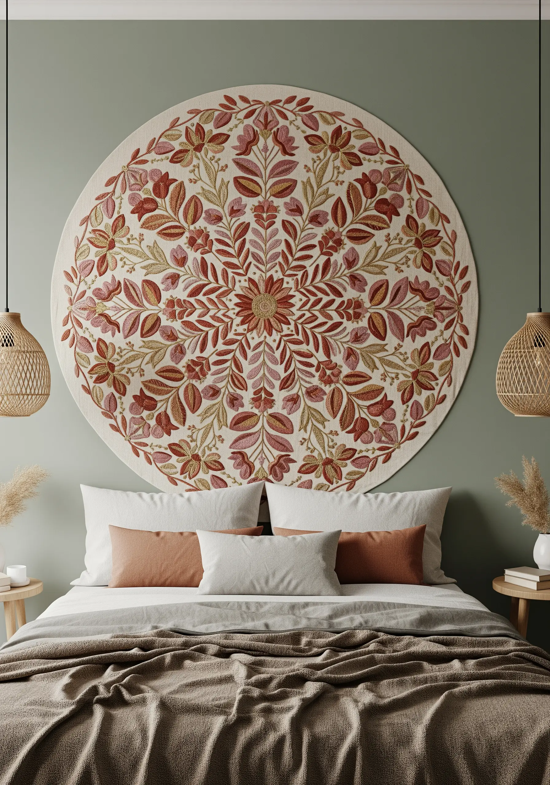 Large circular embroidered mandala with red and pink botanicals on a cream background.