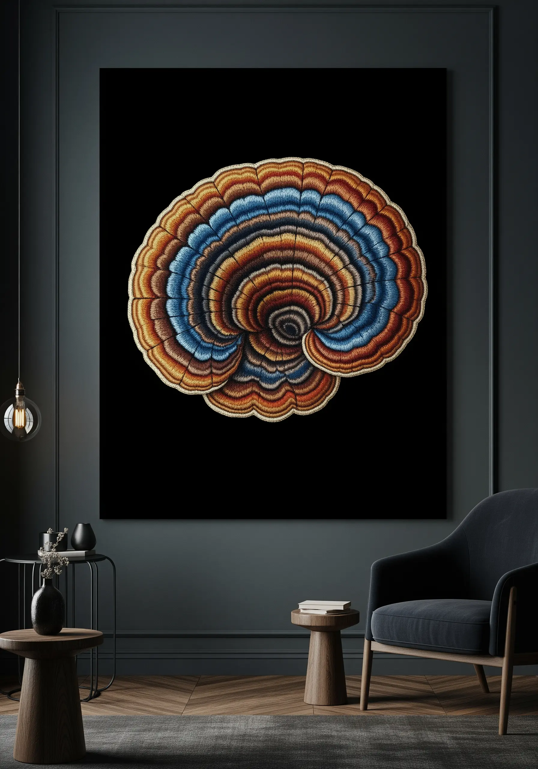 A large-scale embroidery of a colorful bracket fungus, designed as statement wall art.