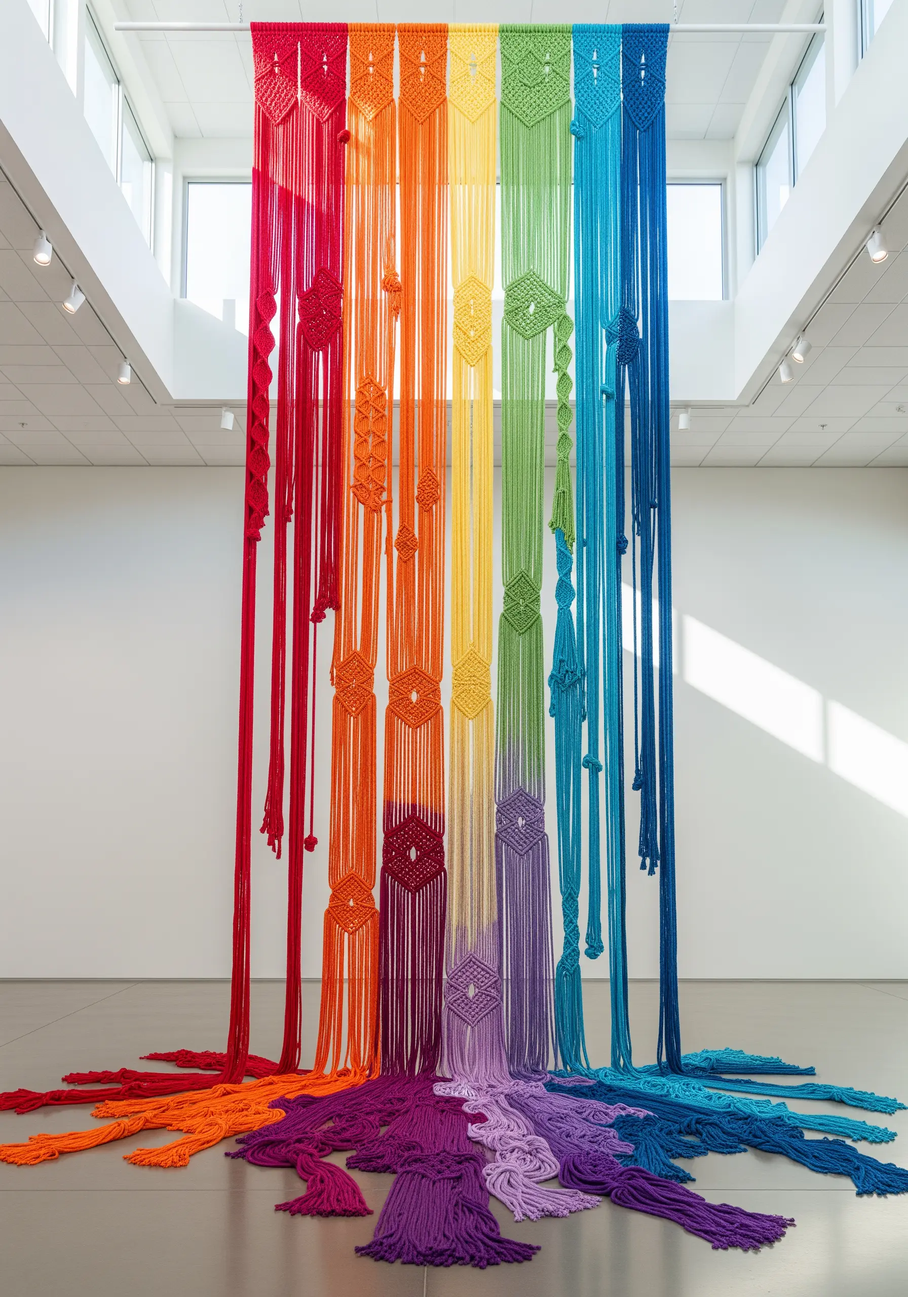 A large-scale macrame installation in a full rainbow gradient hanging from the ceiling.