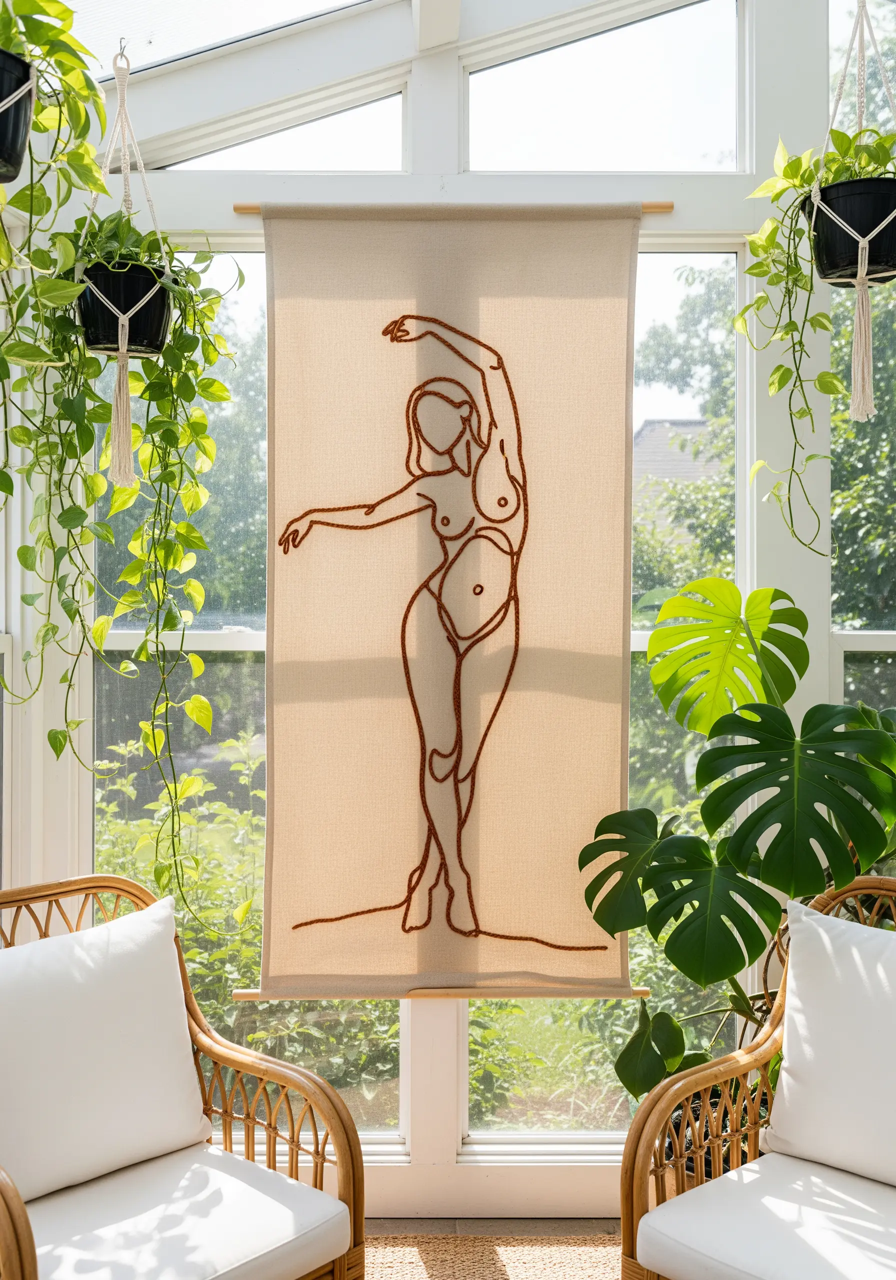 A large linen wall hanging with an embroidered line art nude figure.