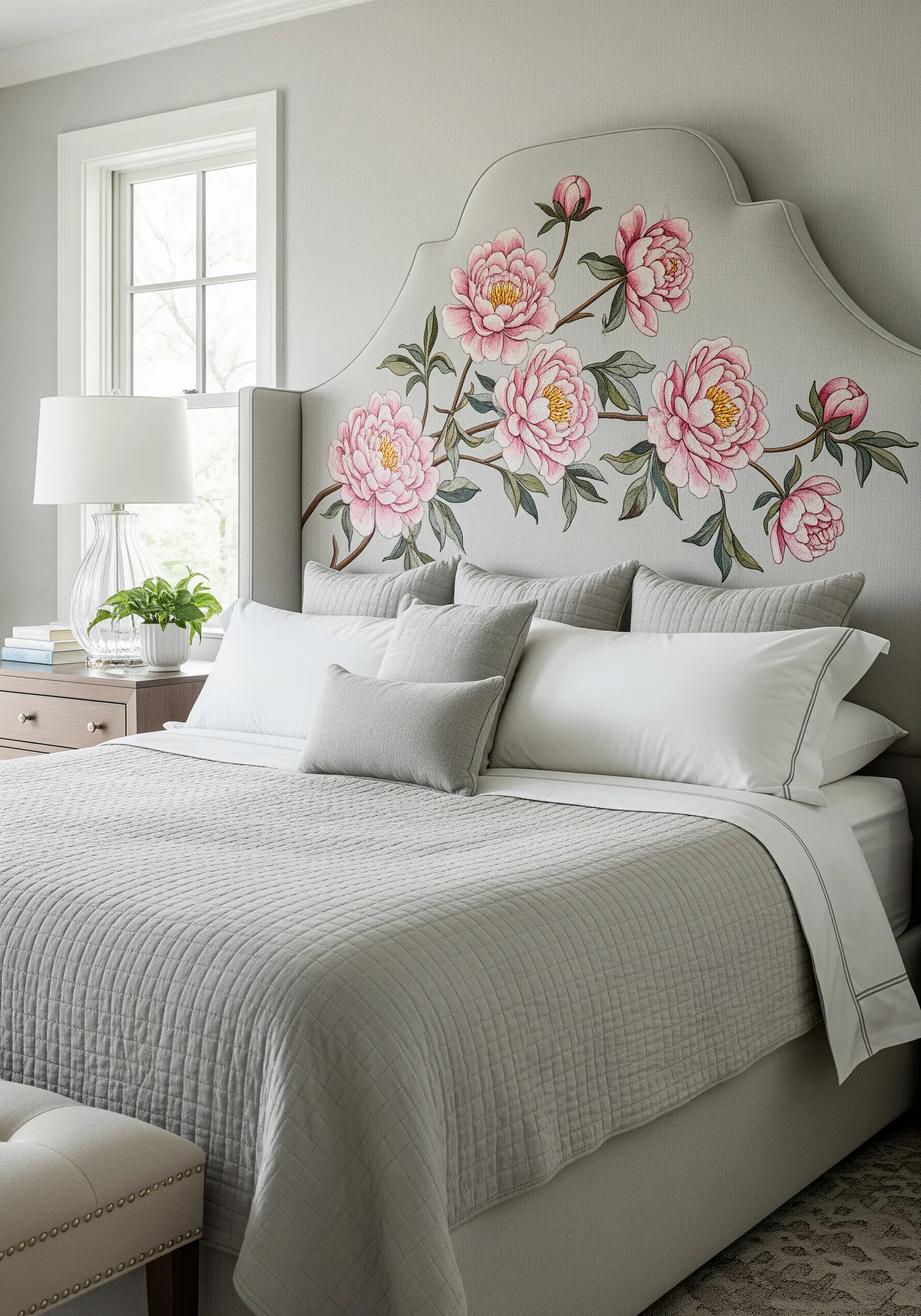 A trailing vine of pink peonies embroidered across a large upholstered bed headboard.