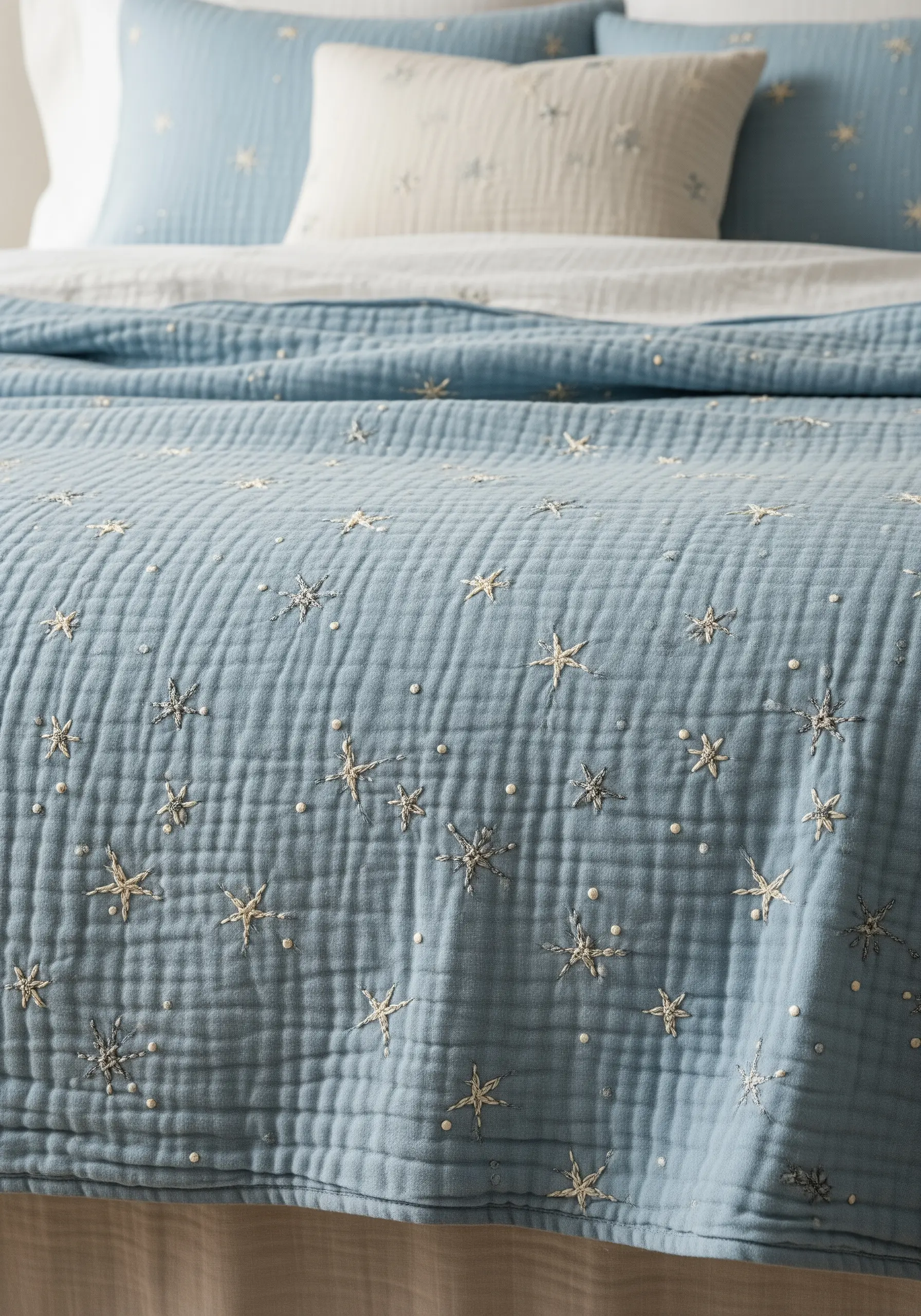 A soft blue muslin quilt with small, scattered stars and dots embroidered in a light thread.