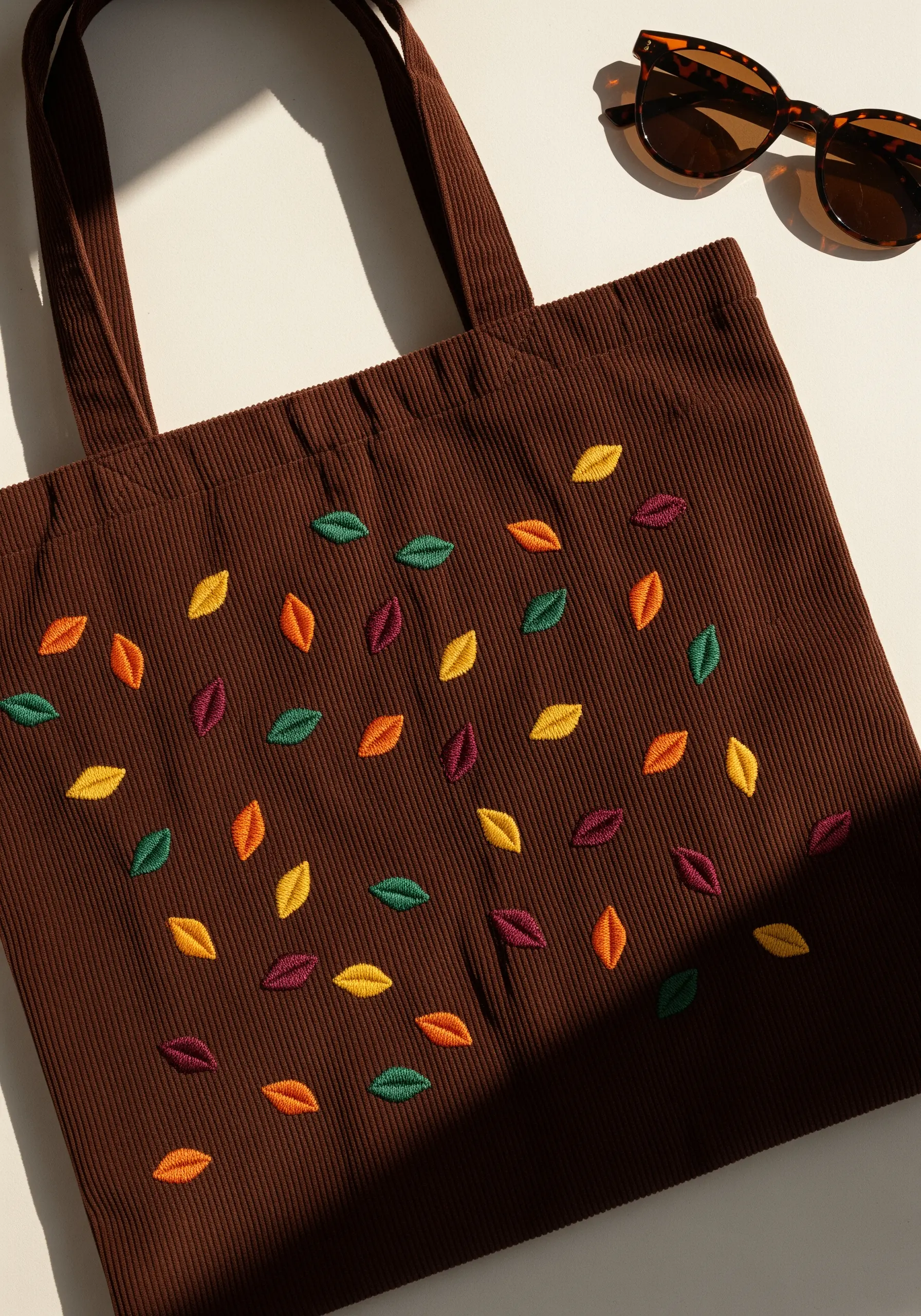 Small, colorful satin-stitched leaves scattered across a brown corduroy tote bag.