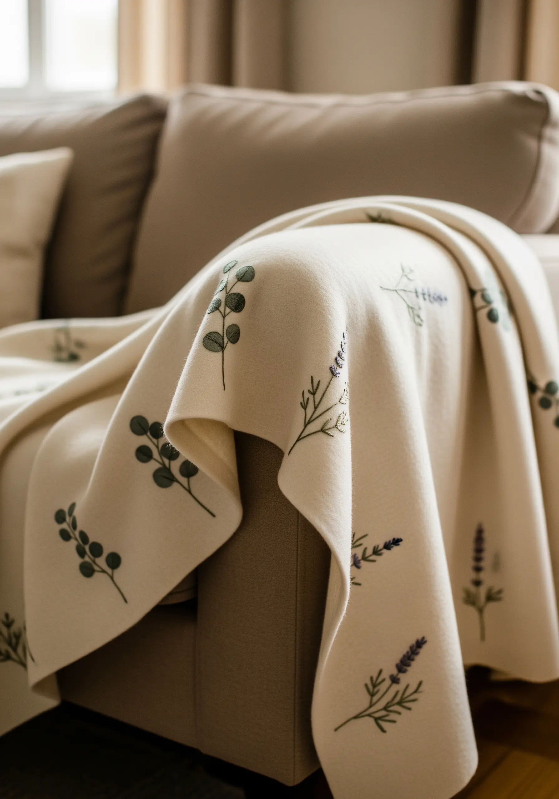 Close-up of a cream-colored blanket with delicate lavender and eucalyptus embroidery.