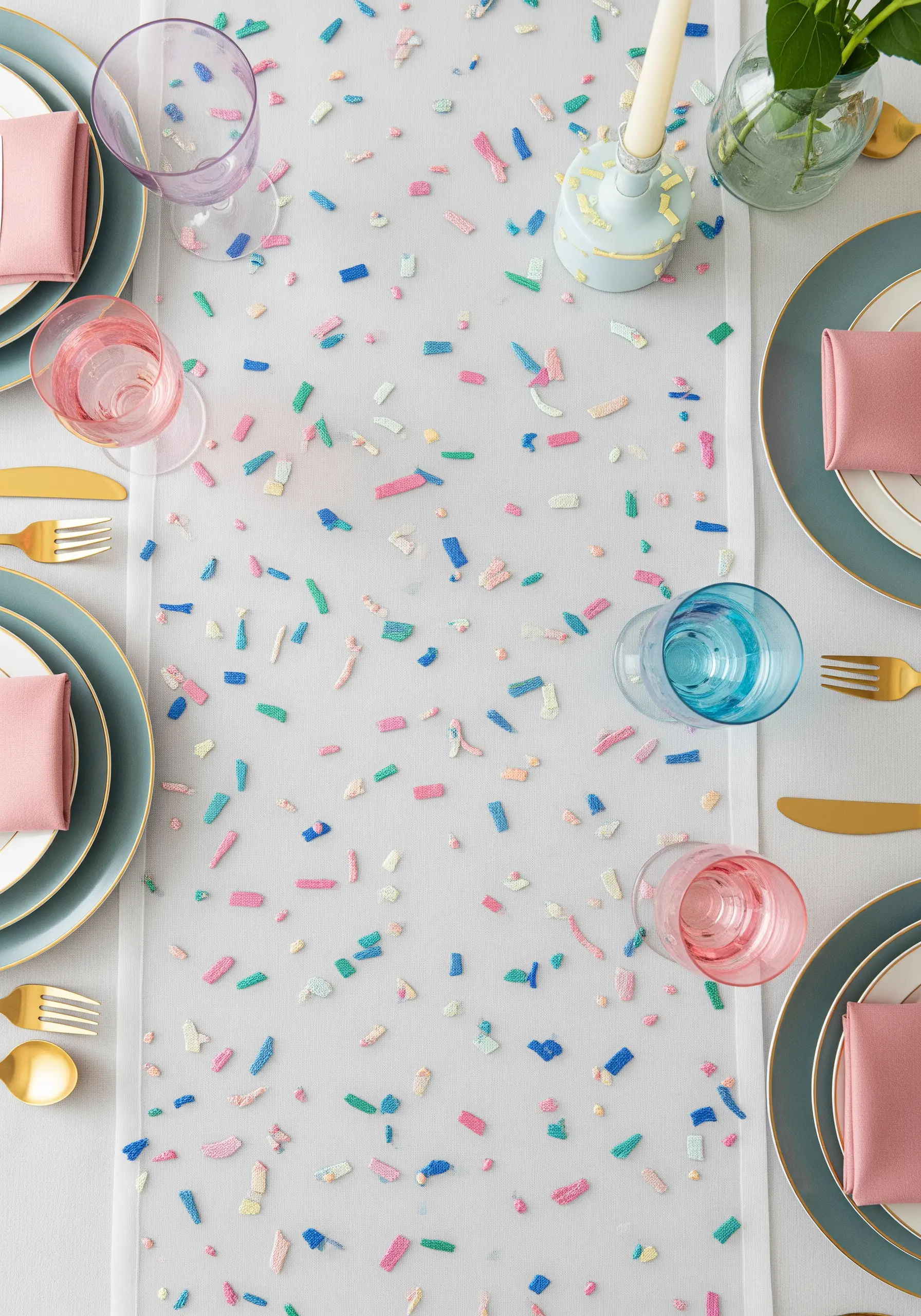 A sheer table runner with scattered, colorful stitches resembling confetti, including some metallics.