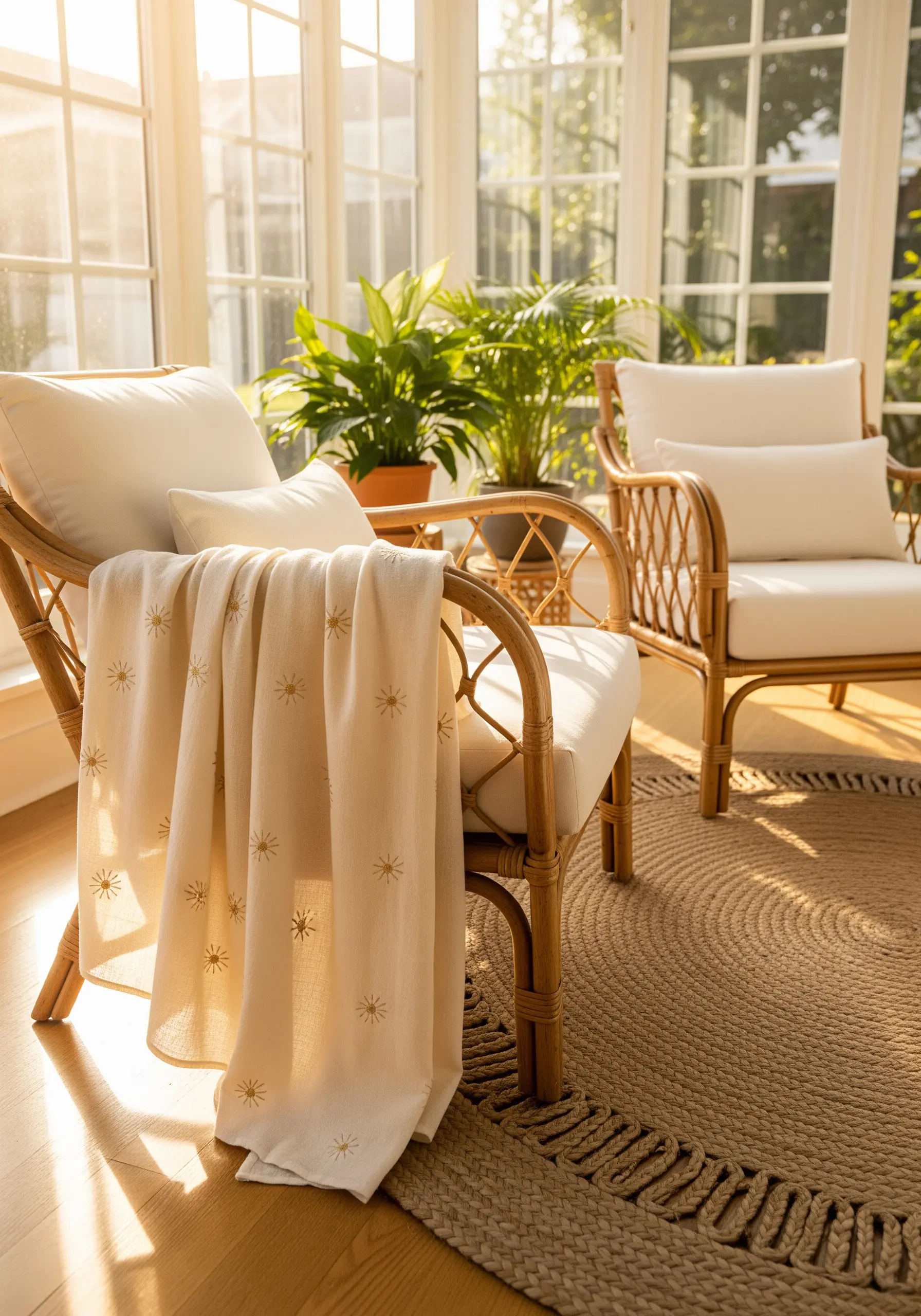 A cream-colored throw blanket with small, sparsely scattered golden starburst stitches.