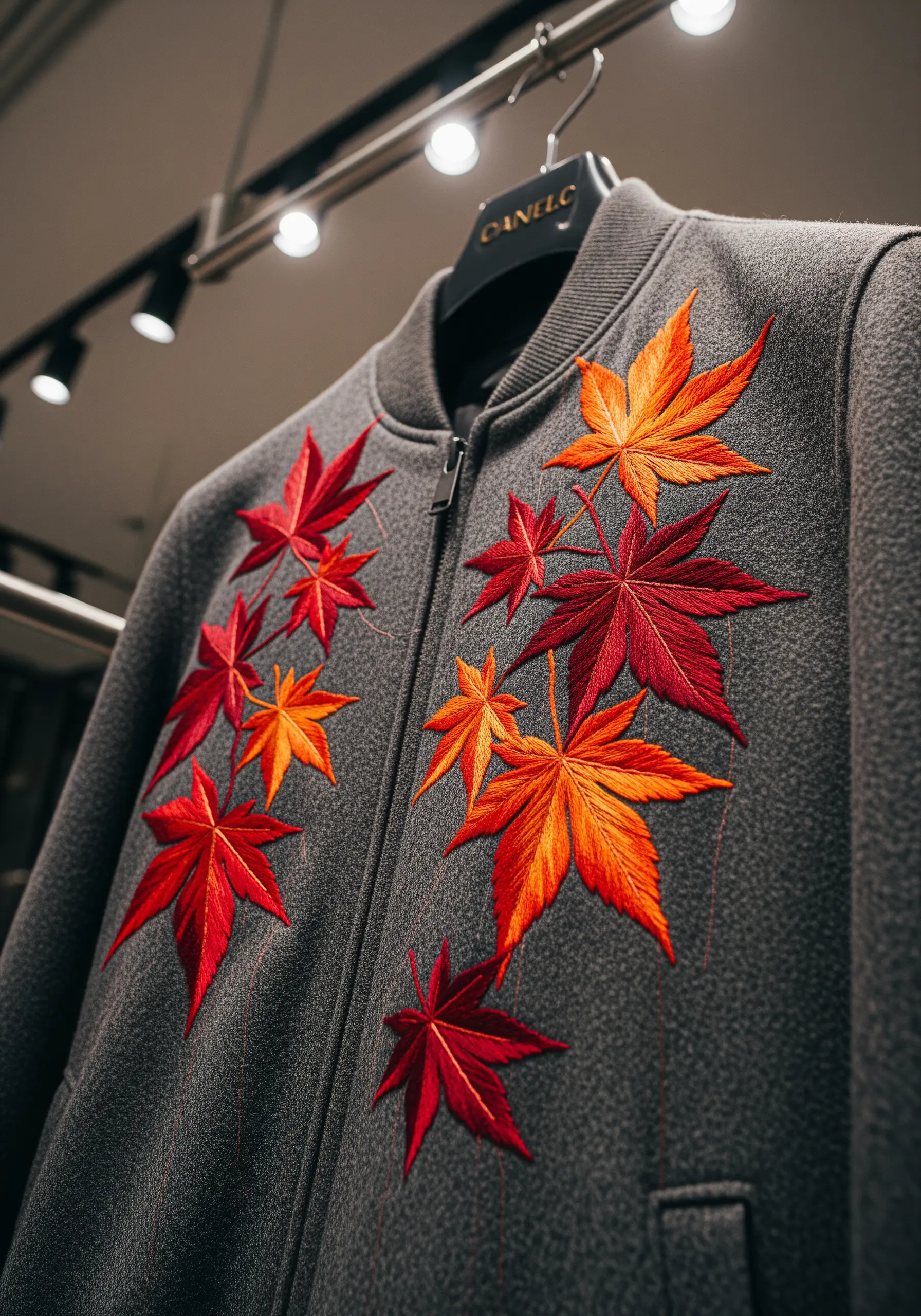 Scattered red and orange maple leaf embroidery on a gray wool bomber jacket.