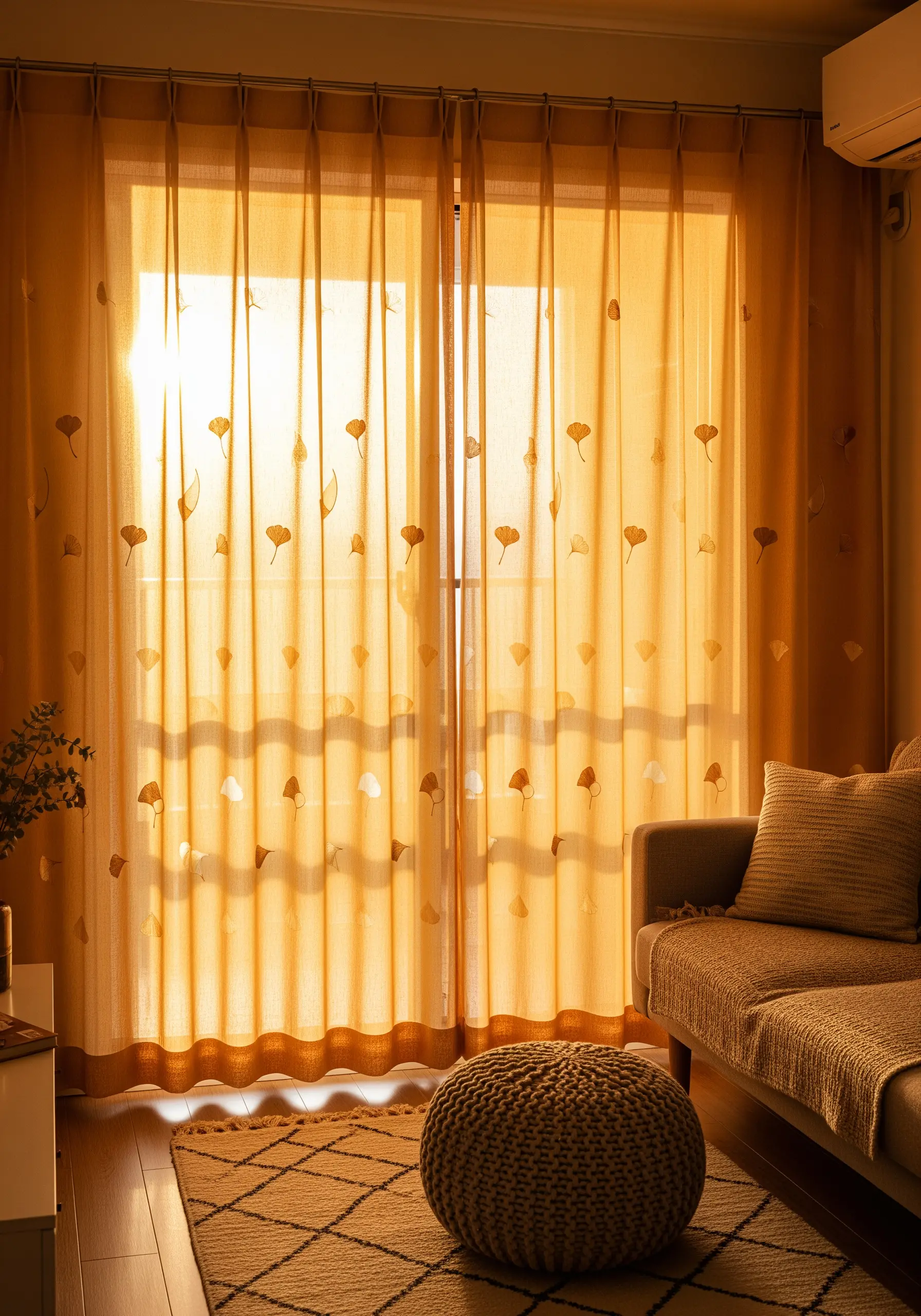 Scattered ginkgo leaf motifs embroidered on sheer golden-yellow curtains.