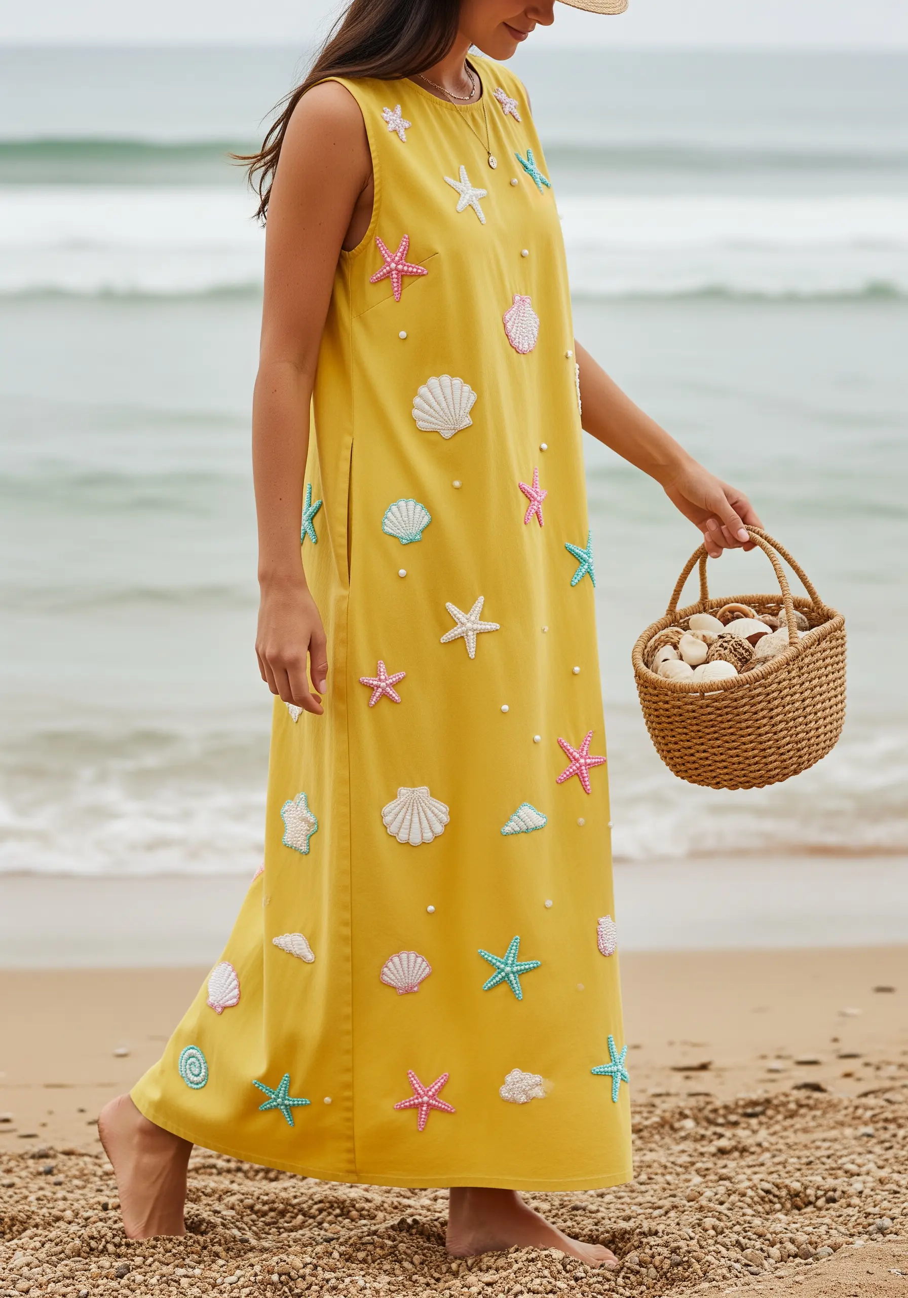 Embroidered seashells, starfish, and pearls scattered across a yellow maxi dress.