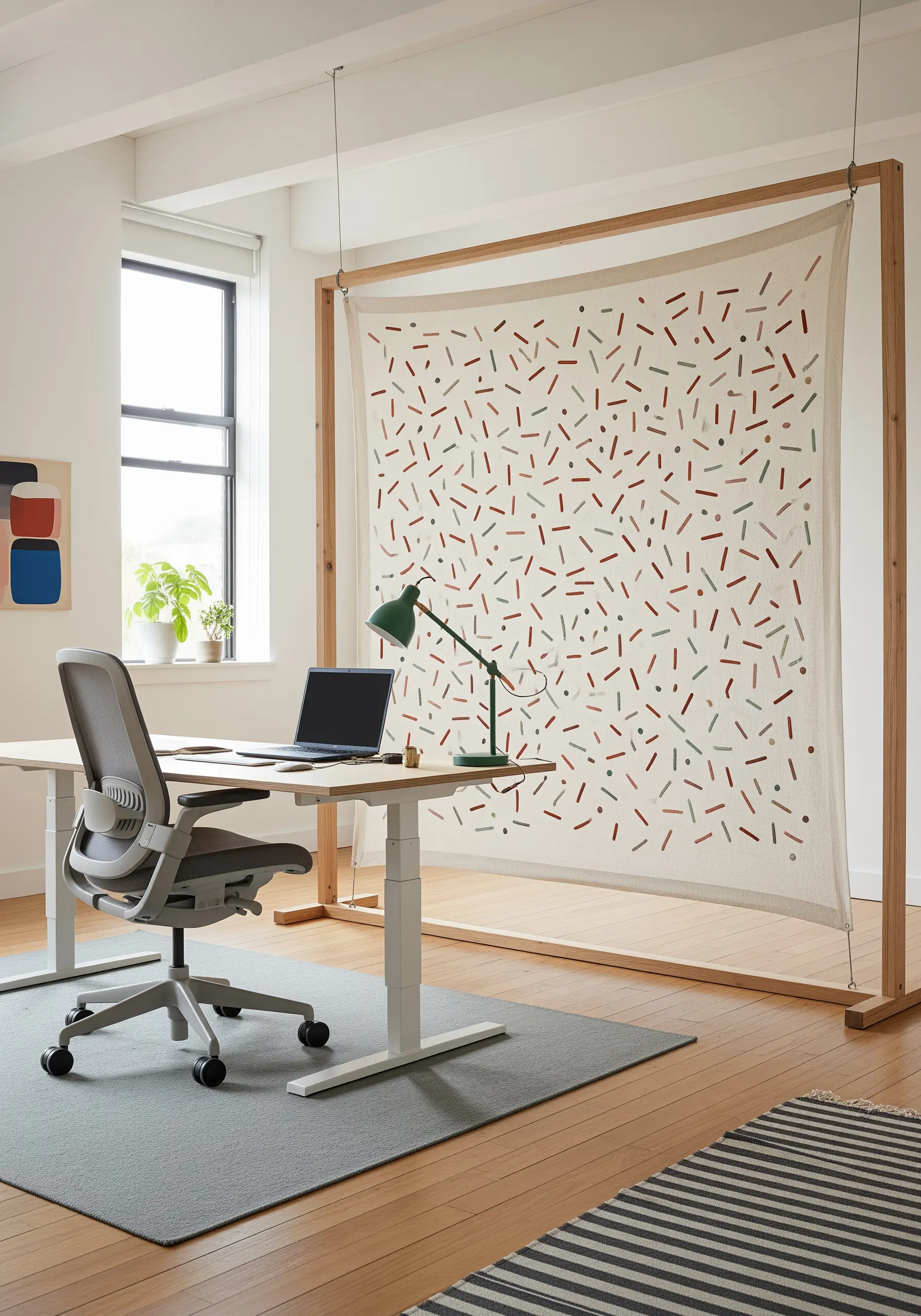 A fabric room divider with a scattered pattern of small, straight stitches in muted colors.