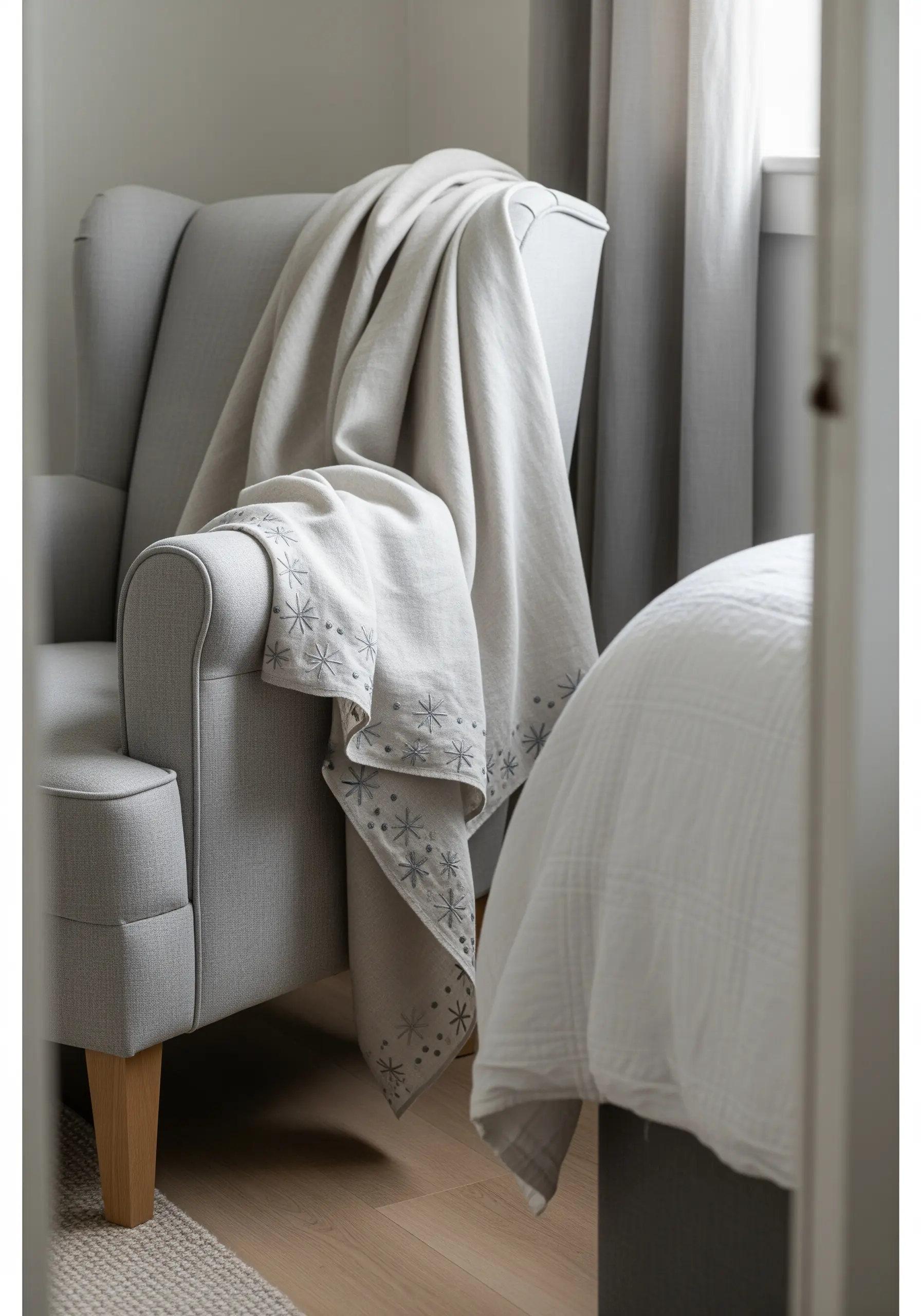 Scattered starburst and dot embroidery on the corner of a neutral linen throw.