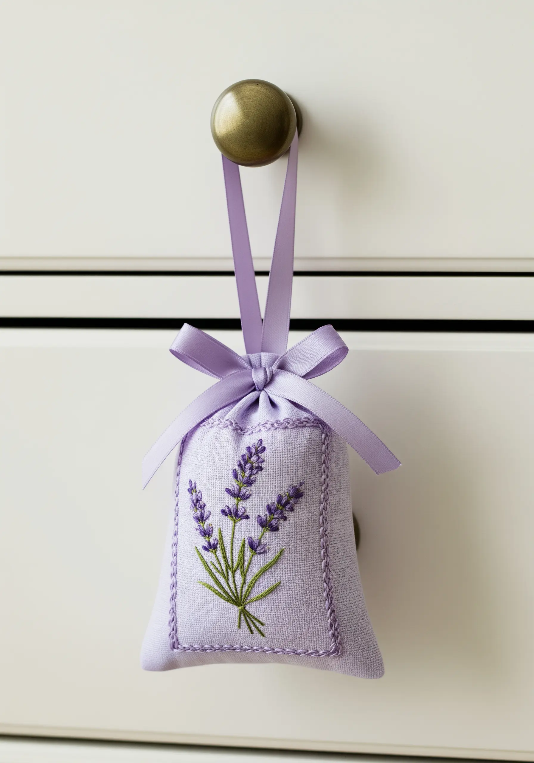 A lavender-filled sachet with an embroidered lavender sprig and decorative border.