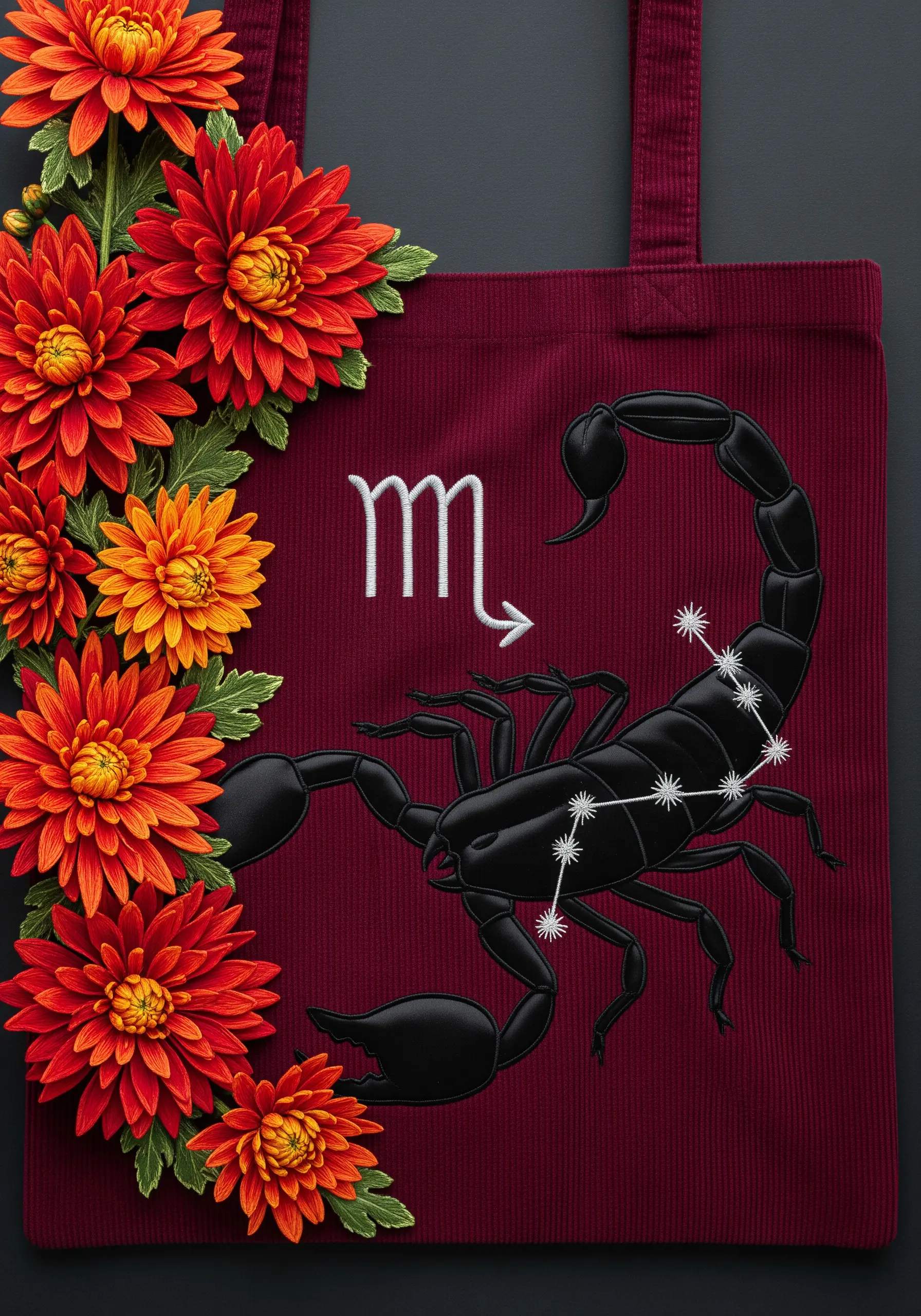 A glossy black embroidered scorpion with a white constellation on its back, on a dark red tote bag.