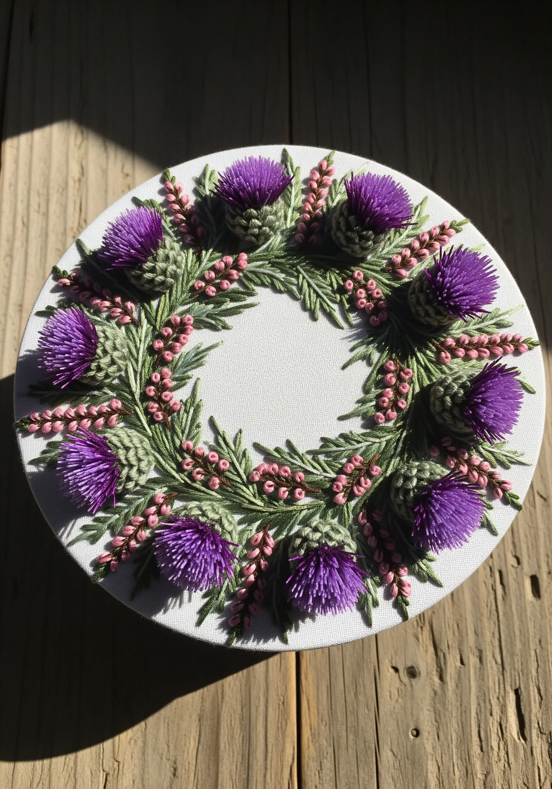 A wreath of Scottish thistles combining purple thread-work with green ribbon embroidery.